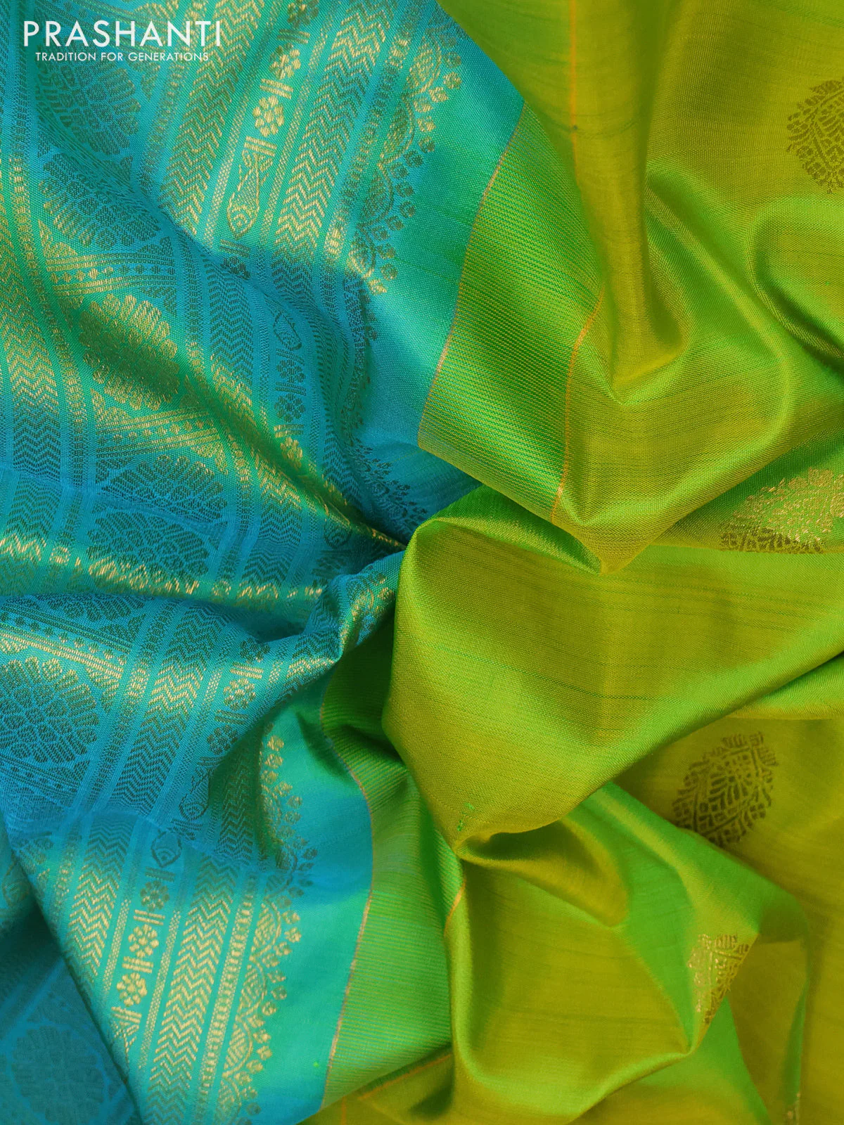 Pure kanchipuram silk saree fluorescent green and teal blue with zari woven buttas and long zari woven border - Image 3
