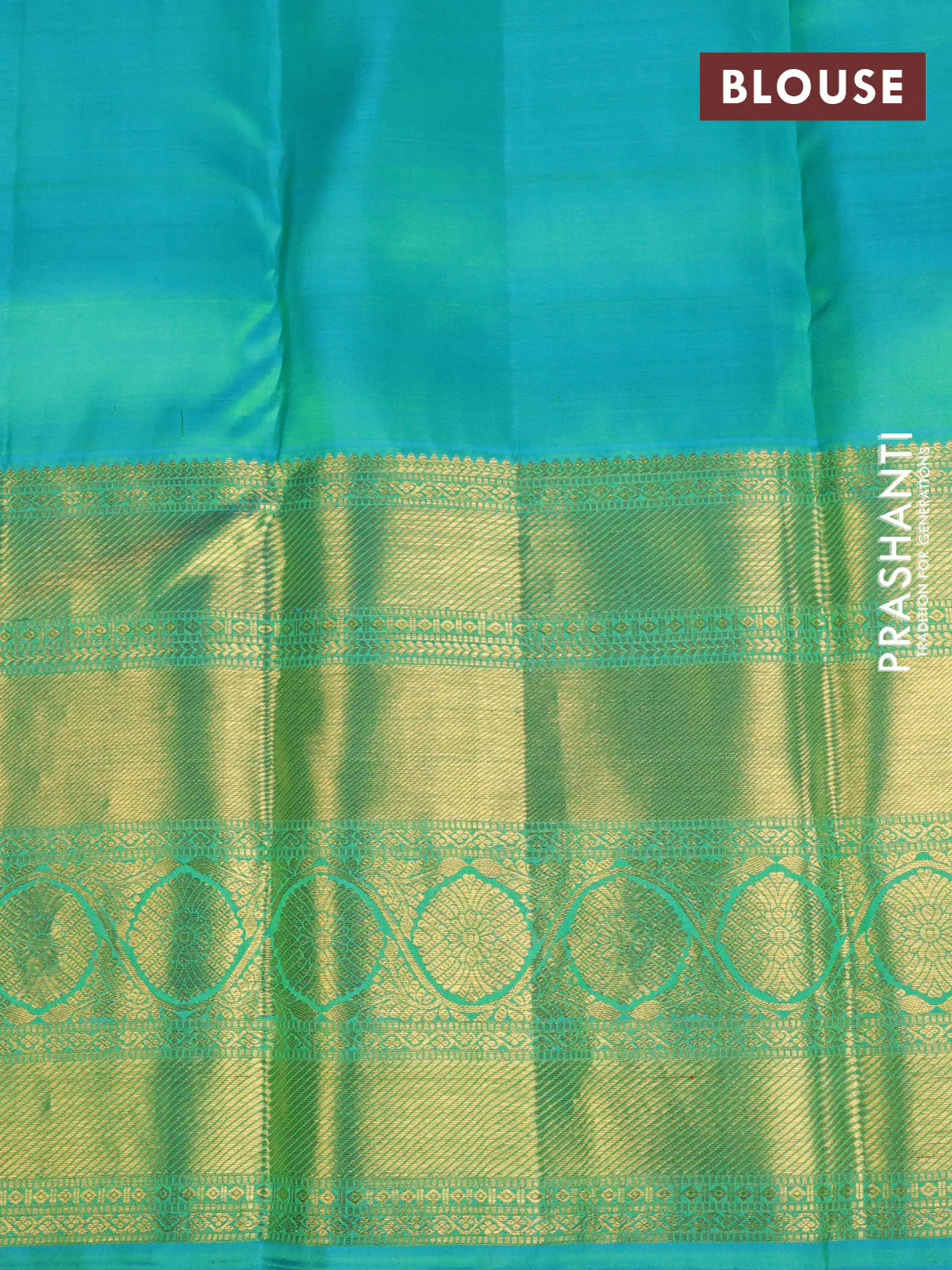 Pure kanchipuram silk saree fluorescent green and teal blue with zari woven buttas and long zari woven border - Image 4