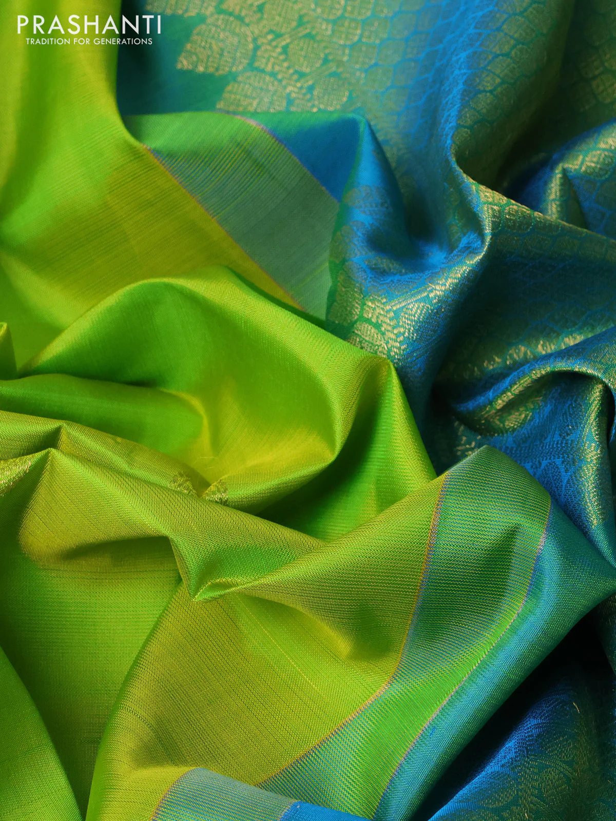 Pure kanchipuram silk saree fluorscent green and dual shade of cs blue with zari woven buttas and rettapet zari woven border - Image 3