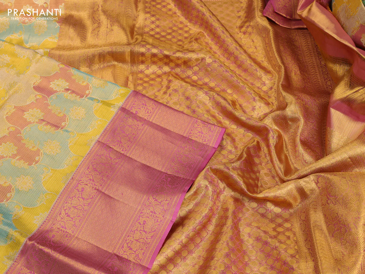 Pure kanchipuram silk saree gold and pink with allover zari woven rangkat weaves and zari woven border - Image 3