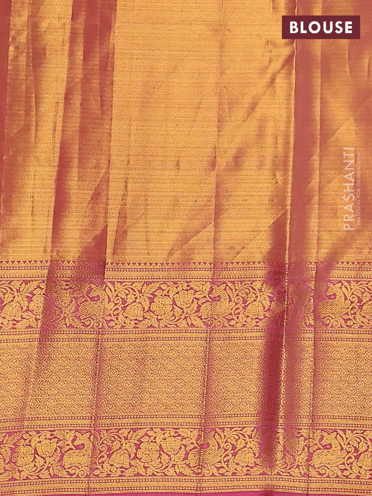 Pure kanchipuram silk saree gold and pink with allover zari woven rangkat weaves and zari woven border - Image 4