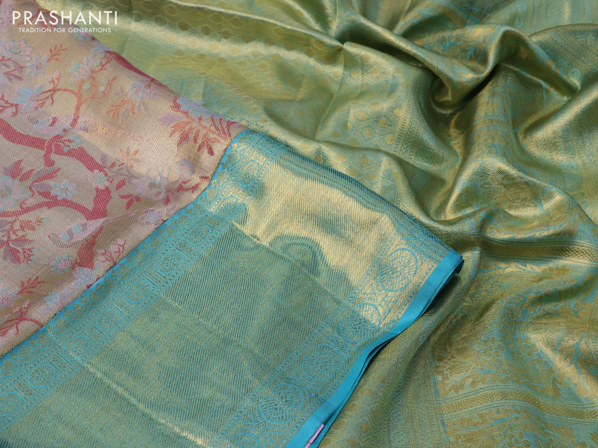 Pure kanchipuram silk saree gold and teal blue with allover thread & zari woven brocade weaves and long zari woven border - Image 3