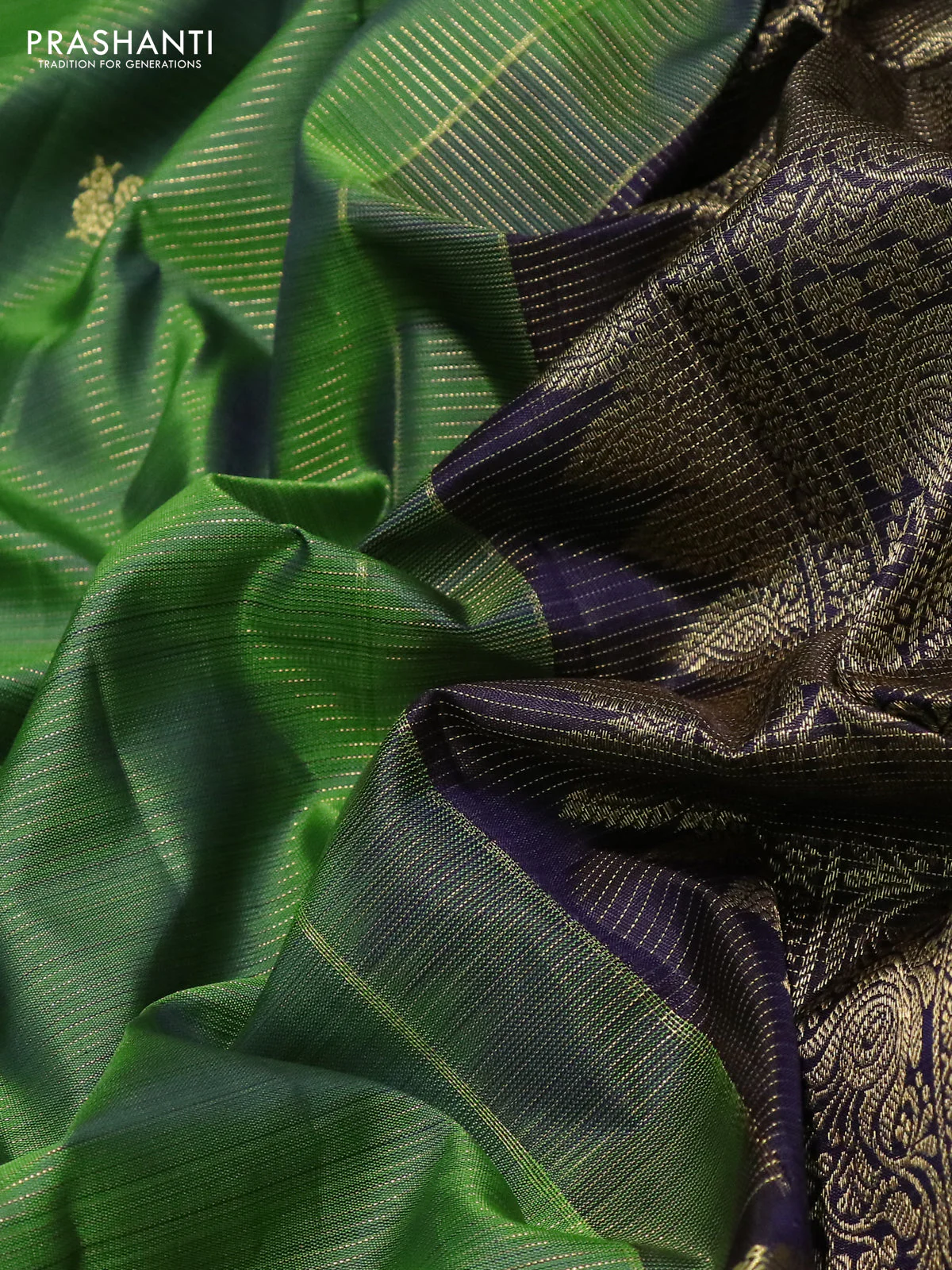Pure kanchipuram silk saree green and coffee brown with allover zari woven strip pattern and long rich zari woven border - Image 3