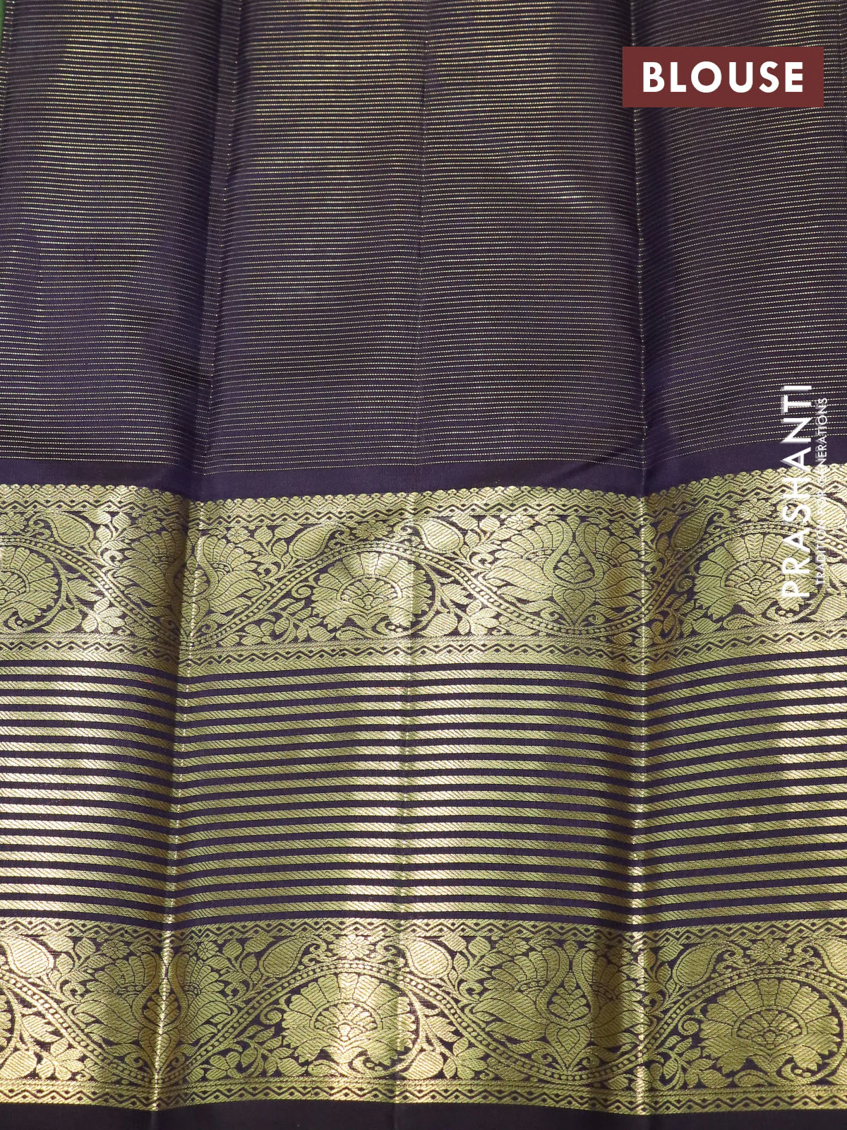 Pure kanchipuram silk saree green and coffee brown with allover zari woven strip pattern and long rich zari woven border - Image 4