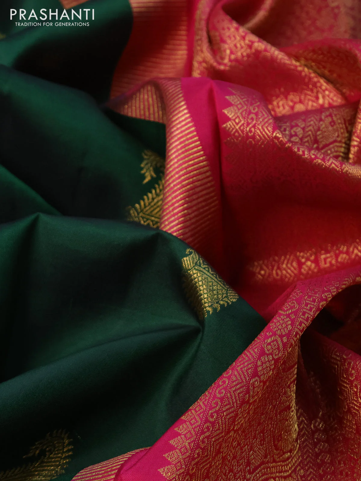 Pure kanchipuram silk saree green and dual shade of pink with paisley zari woven buttas and rettapet zari woven border - Image 7