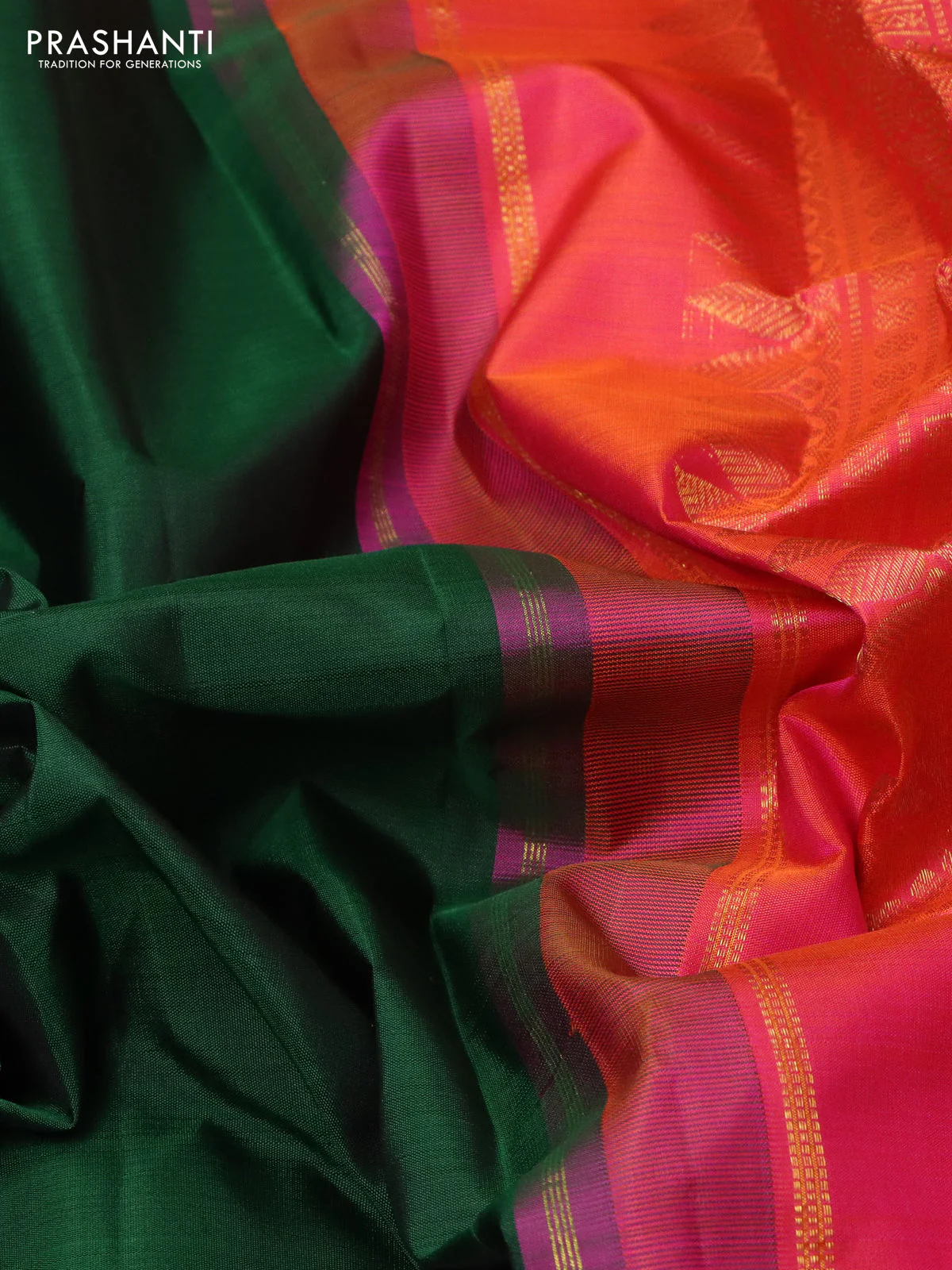 Pure kanchipuram silk saree green and dual shade of pinkish orange with plain body and zari woven korvai border - Image 3