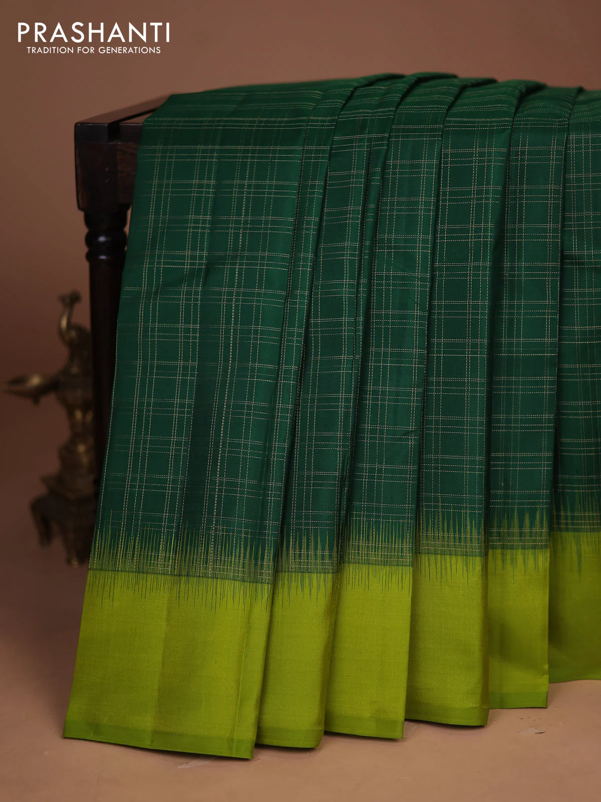 Pure kanchipuram silk saree green and light green with allover zari checked pattern and simple border
