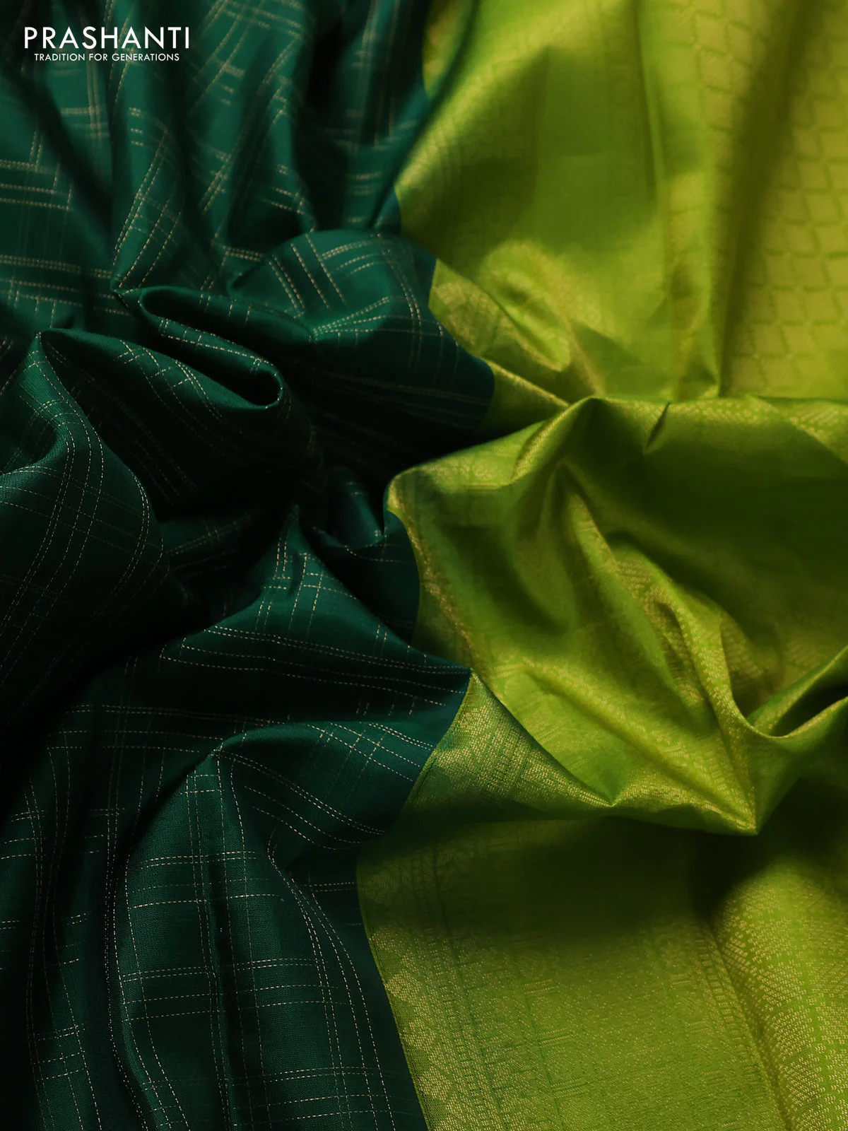 Pure kanchipuram silk saree green and light green with allover zari checked pattern and simple border - Image 3