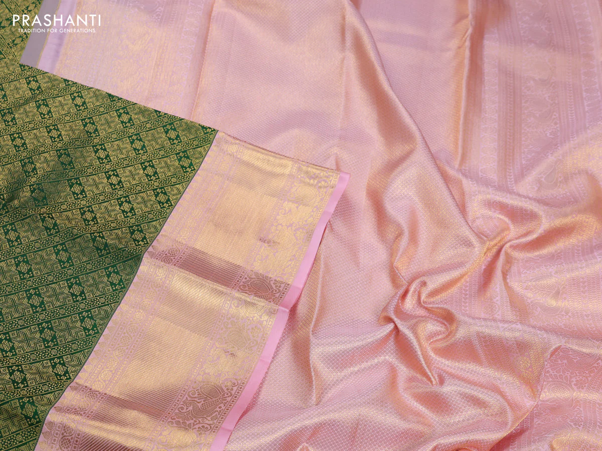 Pure kanchipuram silk saree green and light pink with allover zari woven brocade weaves and zari woven border - Image 3