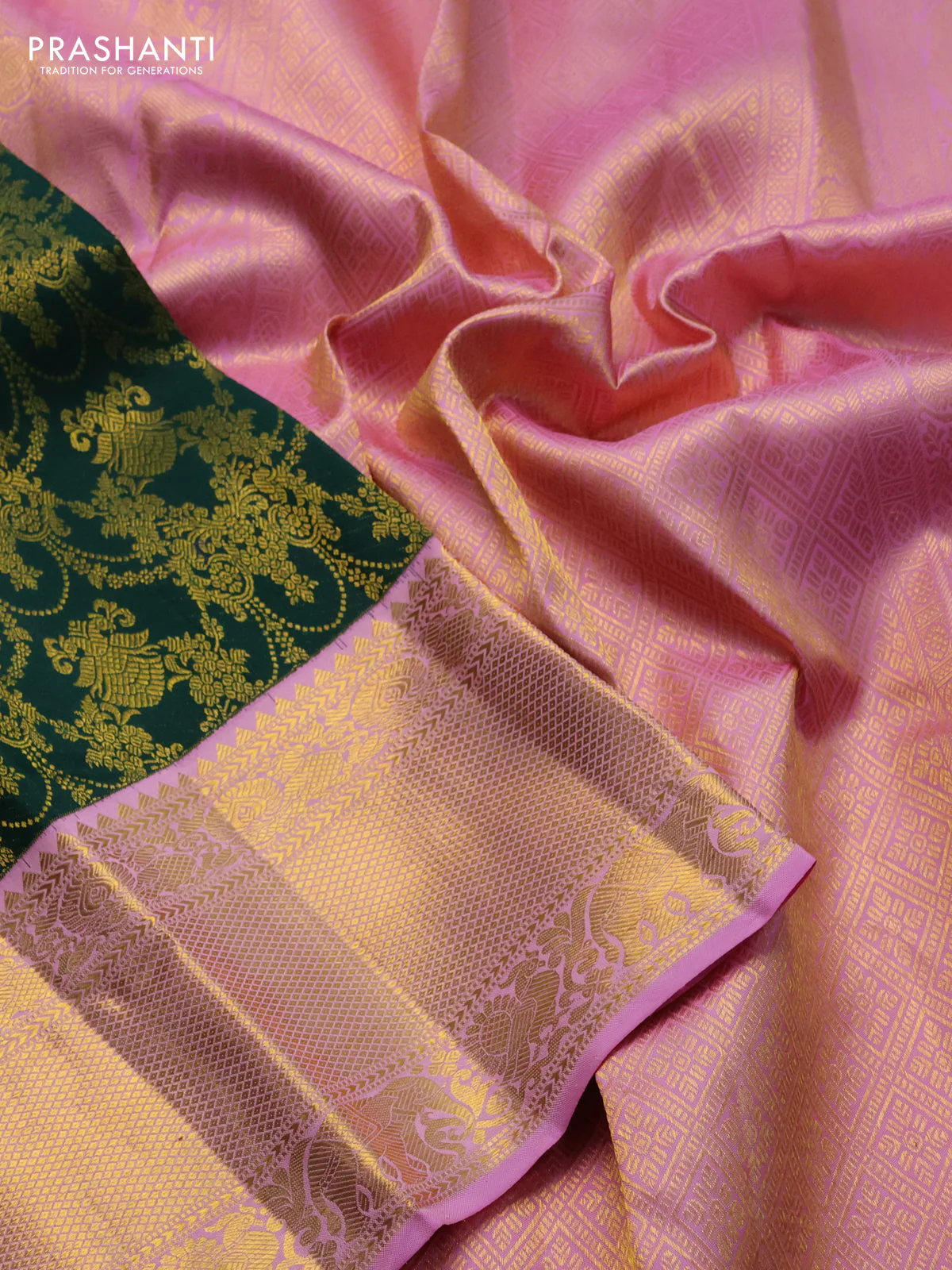 Pure kanchipuram silk saree green and light pink with allover zari woven brocade weaves and zari woven border - Image 3