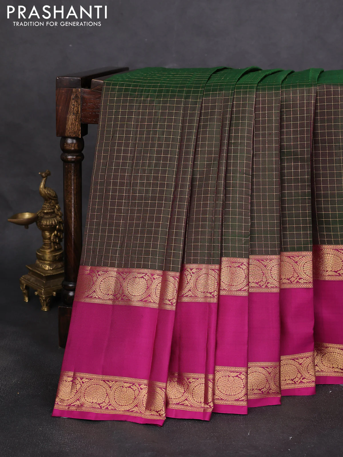 Pure kanchipuram silk saree green and magenta pink with allover zari checked pattern and rettapet zari woven border