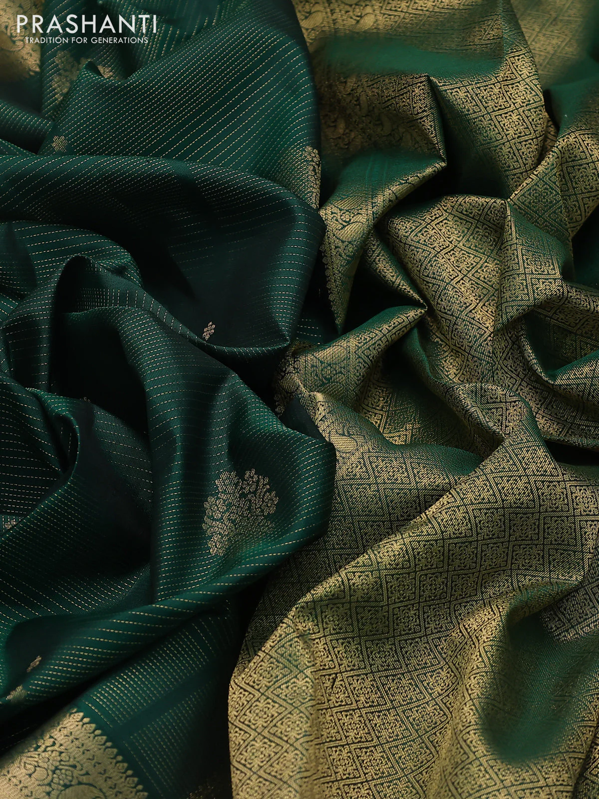 Pure kanchipuram silk saree green and magenta pink with allover zari weaves & buttas and rich zari woven border - Image 3