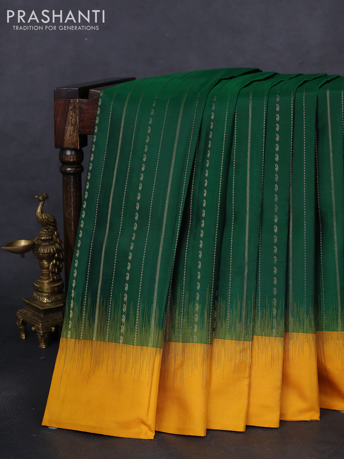 Pure kanchipuram silk saree green and mustard yellow with allover zari weaves and simple border