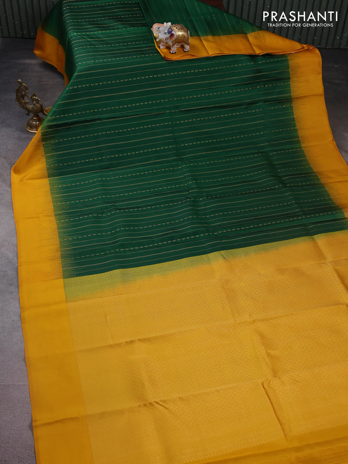 Pure kanchipuram silk saree green and mustard yellow with allover zari weaves and simple border - Image 2