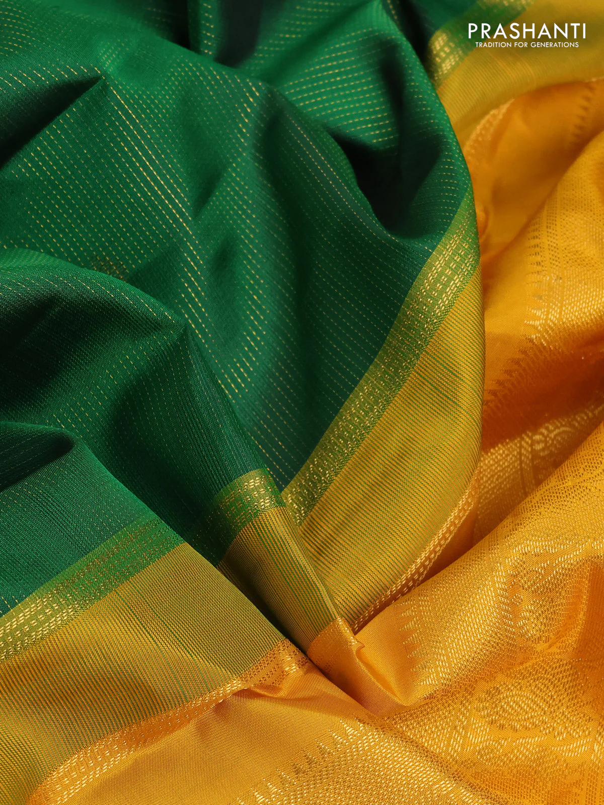 Pure kanchipuram silk saree green and mustard yellow with allover zari weaves & buttas and zari woven korvai border - Image 3
