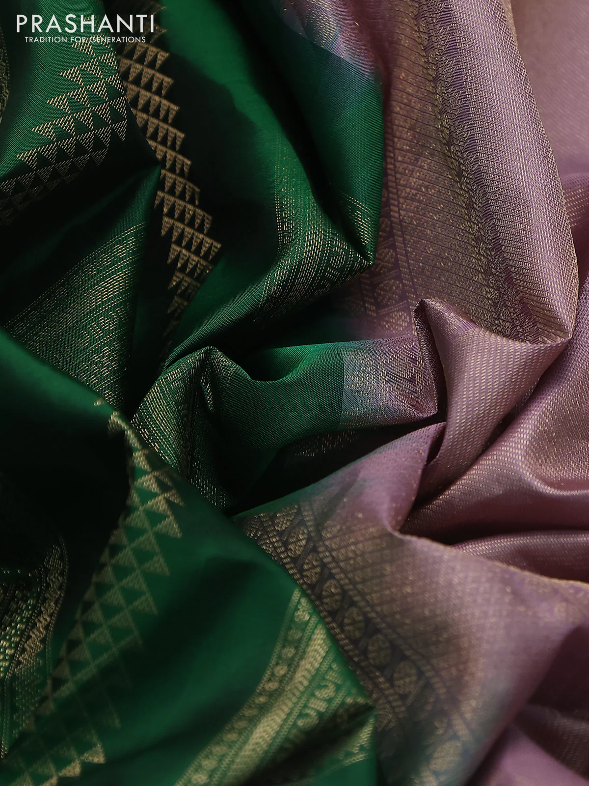 Pure kanchipuram silk saree green and pastel pink with allover zari weaves and long rich zari woven border - Image 3