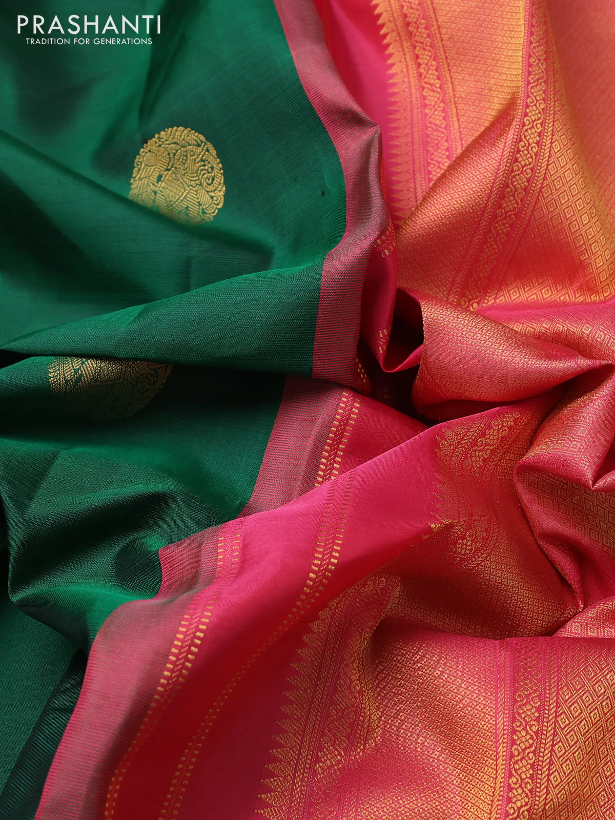Pure kanchipuram silk saree green and peach pink with allover zari woven buttas and long zari woven border - Image 3