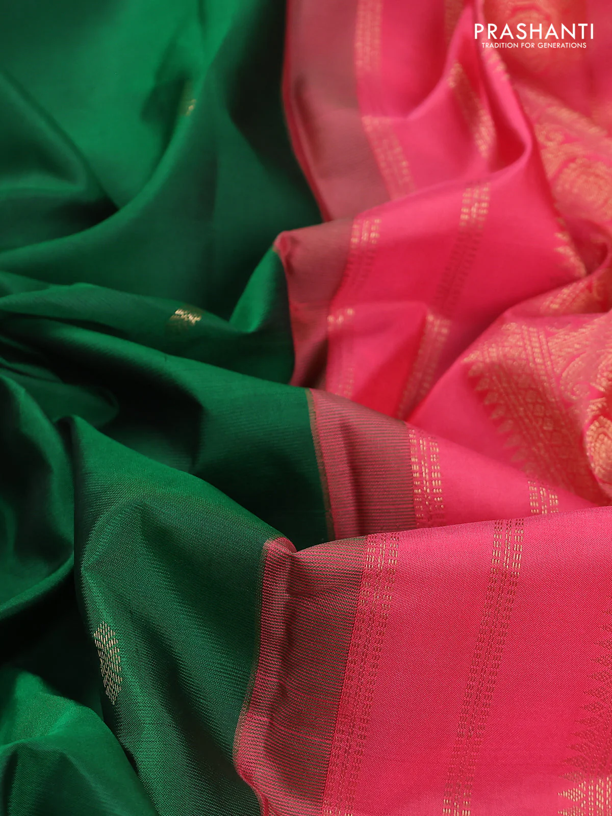 Pure kanchipuram silk saree green and peach pink with zari woven buttas and zari woven korvai border - Image 3