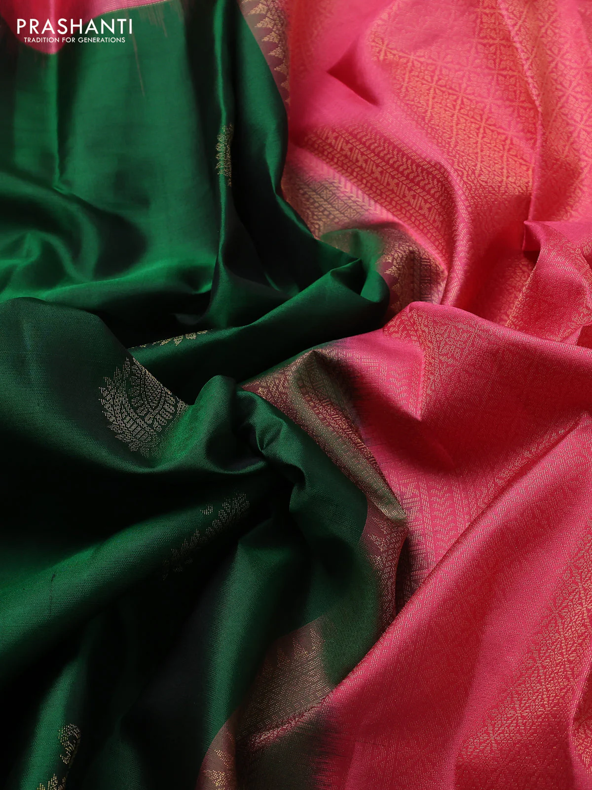 Pure kanchipuram silk saree green and peach pink with zari woven paisley buttas and zari woven border - Image 3