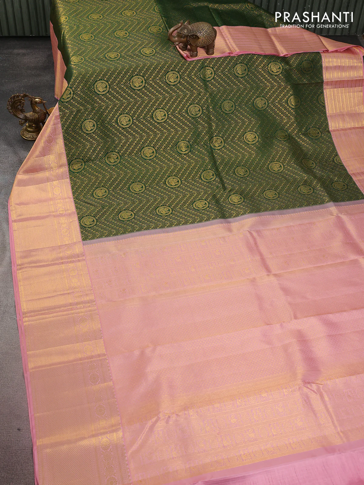 Pure kanchipuram silk saree green and peach shade with allover zari woven brocade weaves and long zari woven border - Image 2