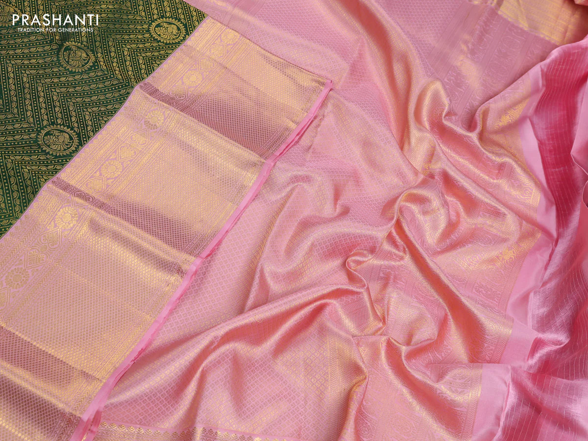 Pure kanchipuram silk saree green and peach shade with allover zari woven brocade weaves and long zari woven border - Image 3