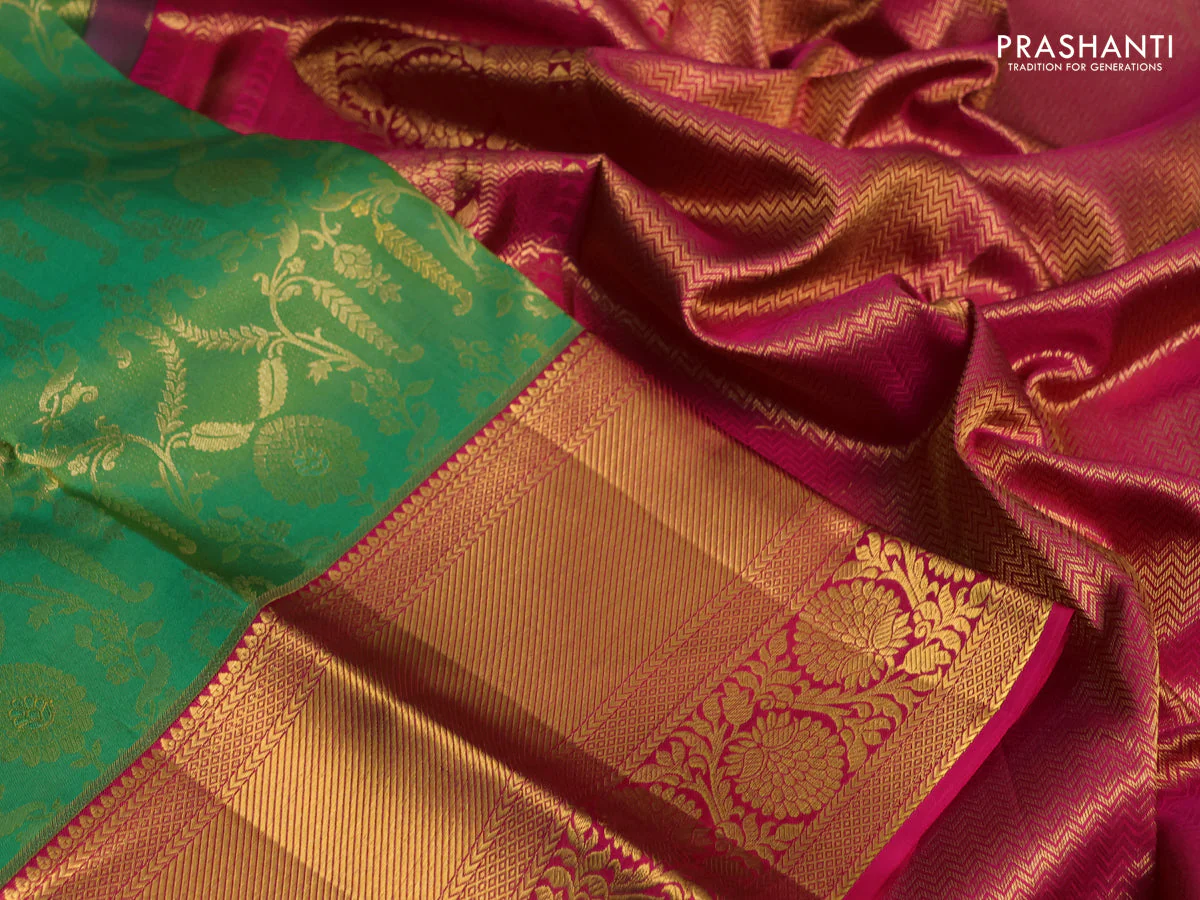 Pure kanchipuram silk saree green and pink with allover zari woven brocade weaves and long rich zari woven border - Image 3