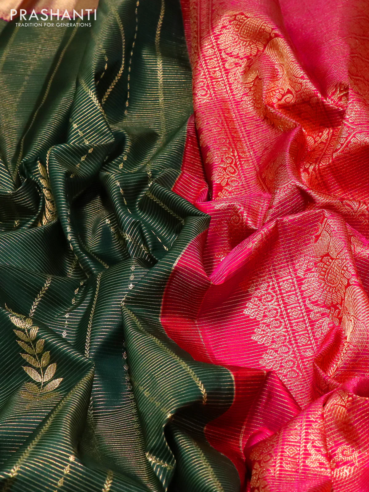 Pure kanchipuram silk saree green and pink with allover zari woven brocade weaves and rich zari woven border - Image 3