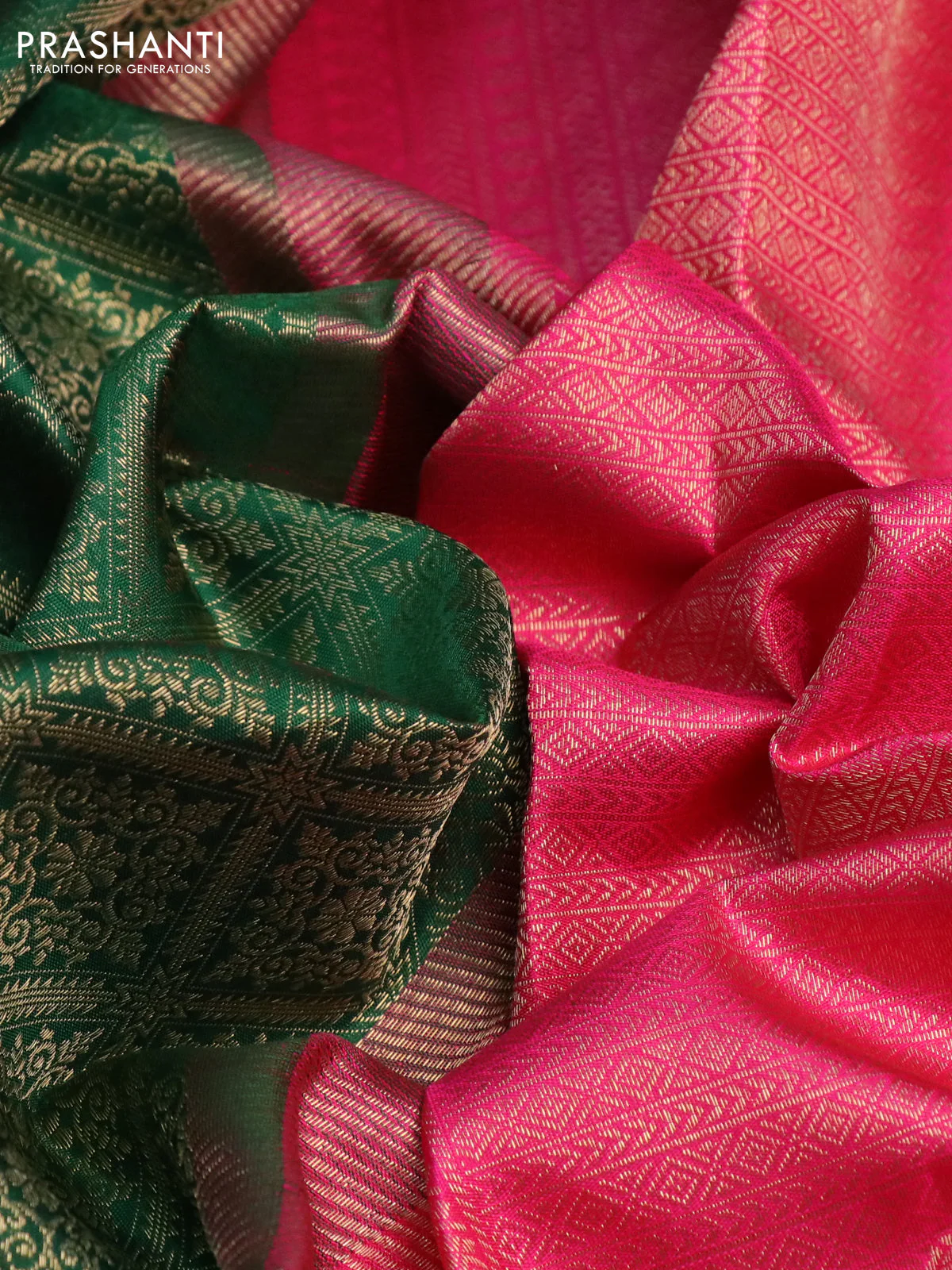 Pure kanchipuram silk saree green and pink with allover zari woven brocade weaves and zari woven border - Image 3