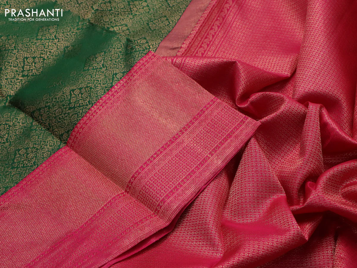 Pure kanchipuram silk saree green and pink with allover zari woven brocade weaves and zari woven border - Image 3