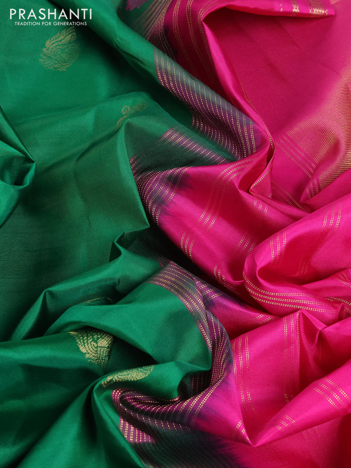 Pure kanchipuram silk saree green and pink with annam zari woven buttas and temple design zari woven border - Image 3