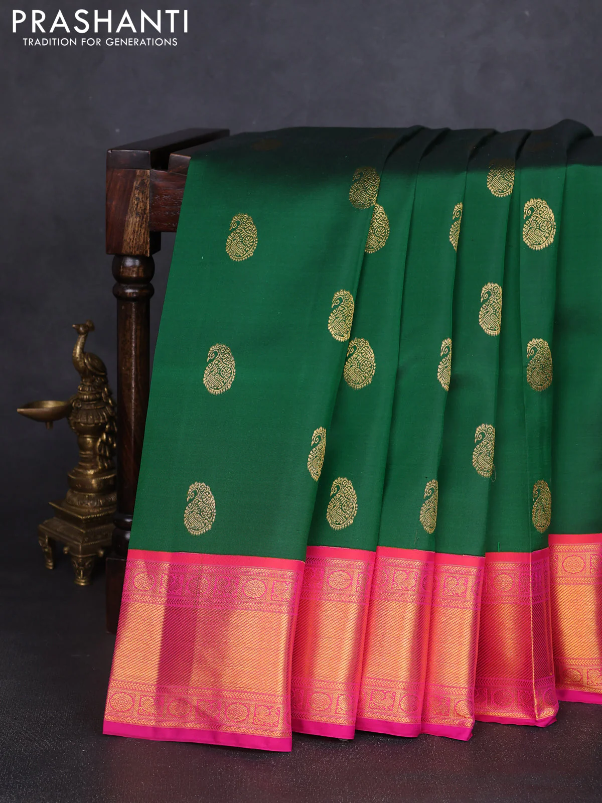Pure kanchipuram silk saree green and pink with paisley zari woven buttas and rich zari woven border