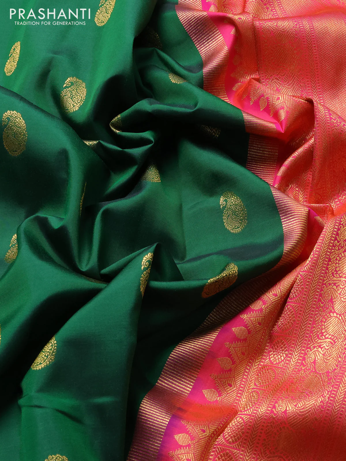 Pure kanchipuram silk saree green and pink with paisley zari woven buttas and rich zari woven border - Image 3