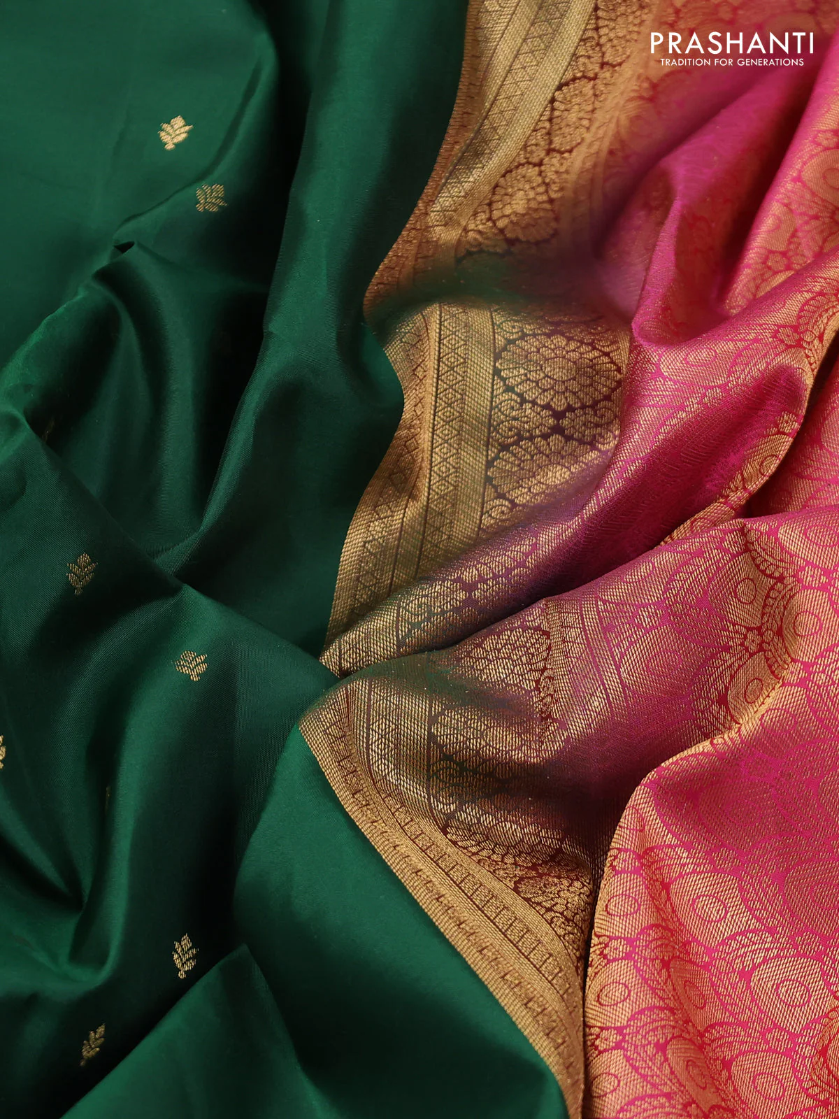 Pure kanchipuram silk saree green and pink with zari woven buttas and rich zari woven korvai border - Image 3