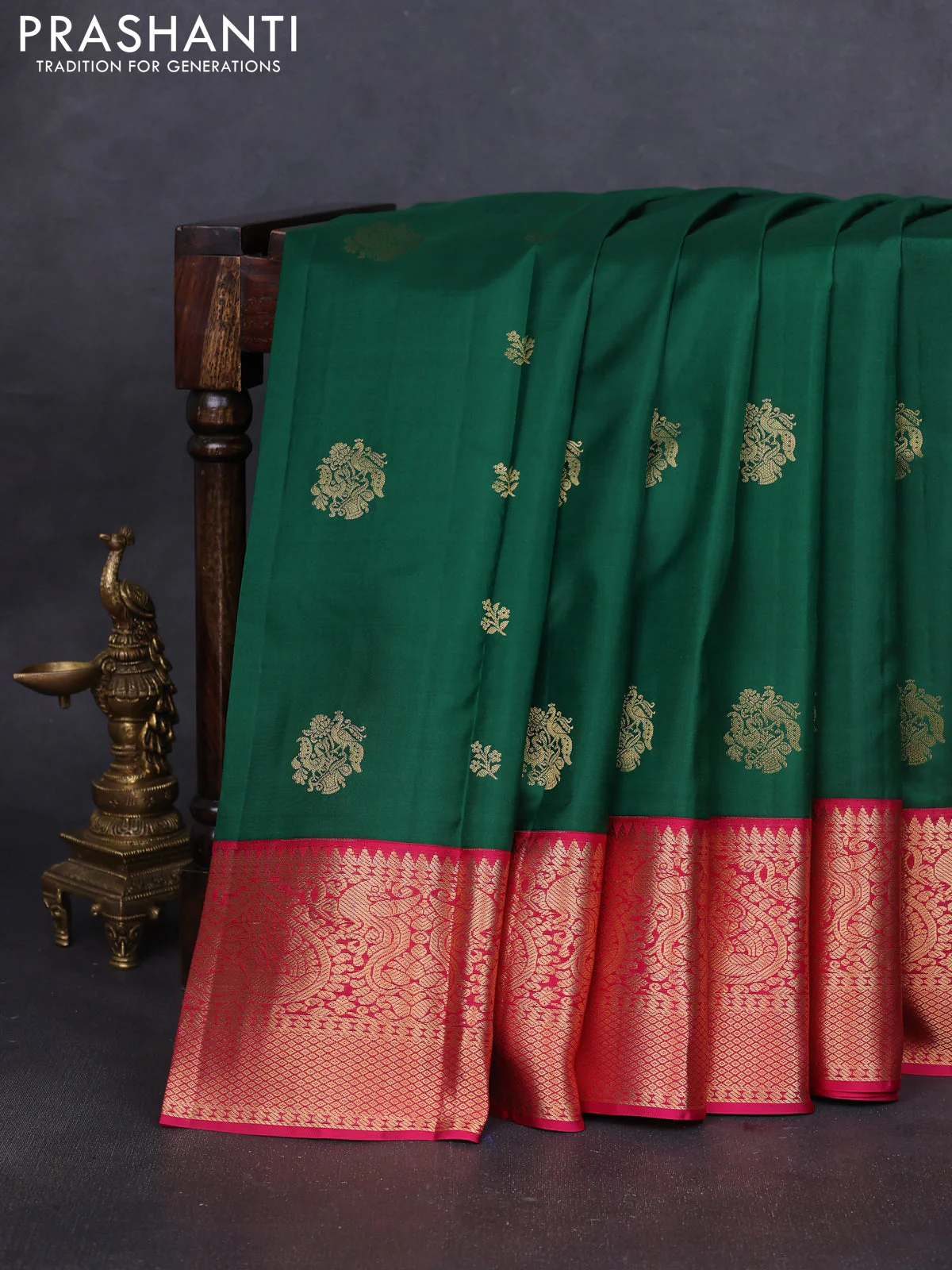 Pure kanchipuram silk saree green and pink with zari woven buttas and rich zari woven korvai border