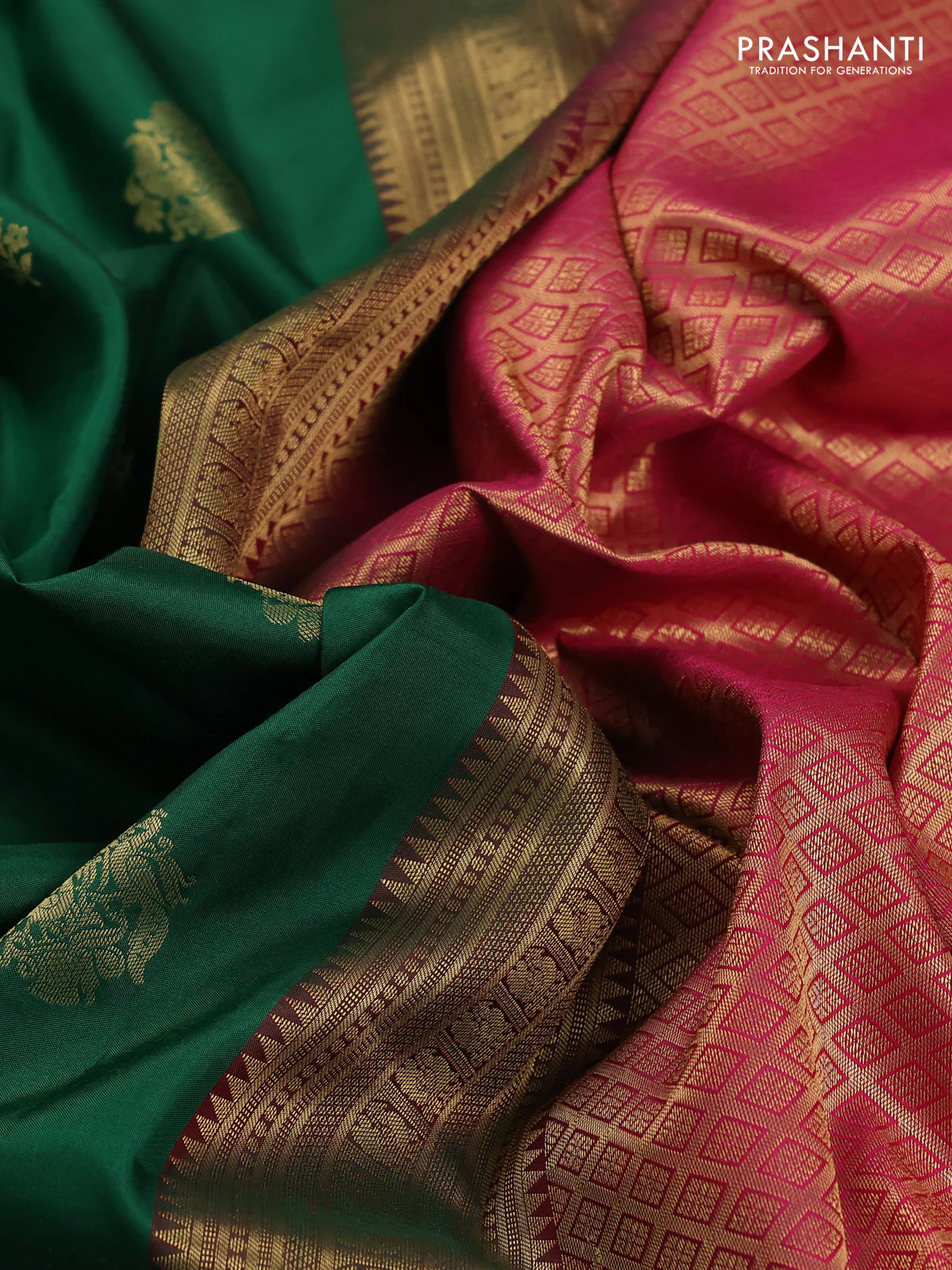 Pure kanchipuram silk saree green and pink with zari woven buttas and rich zari woven korvai border - Image 3