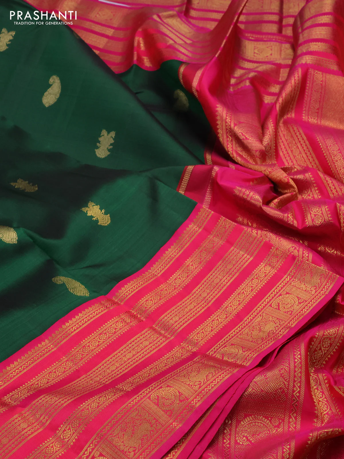 Pure kanchipuram silk saree green and pink with zari woven buttas and zari woven korvai border - Image 3
