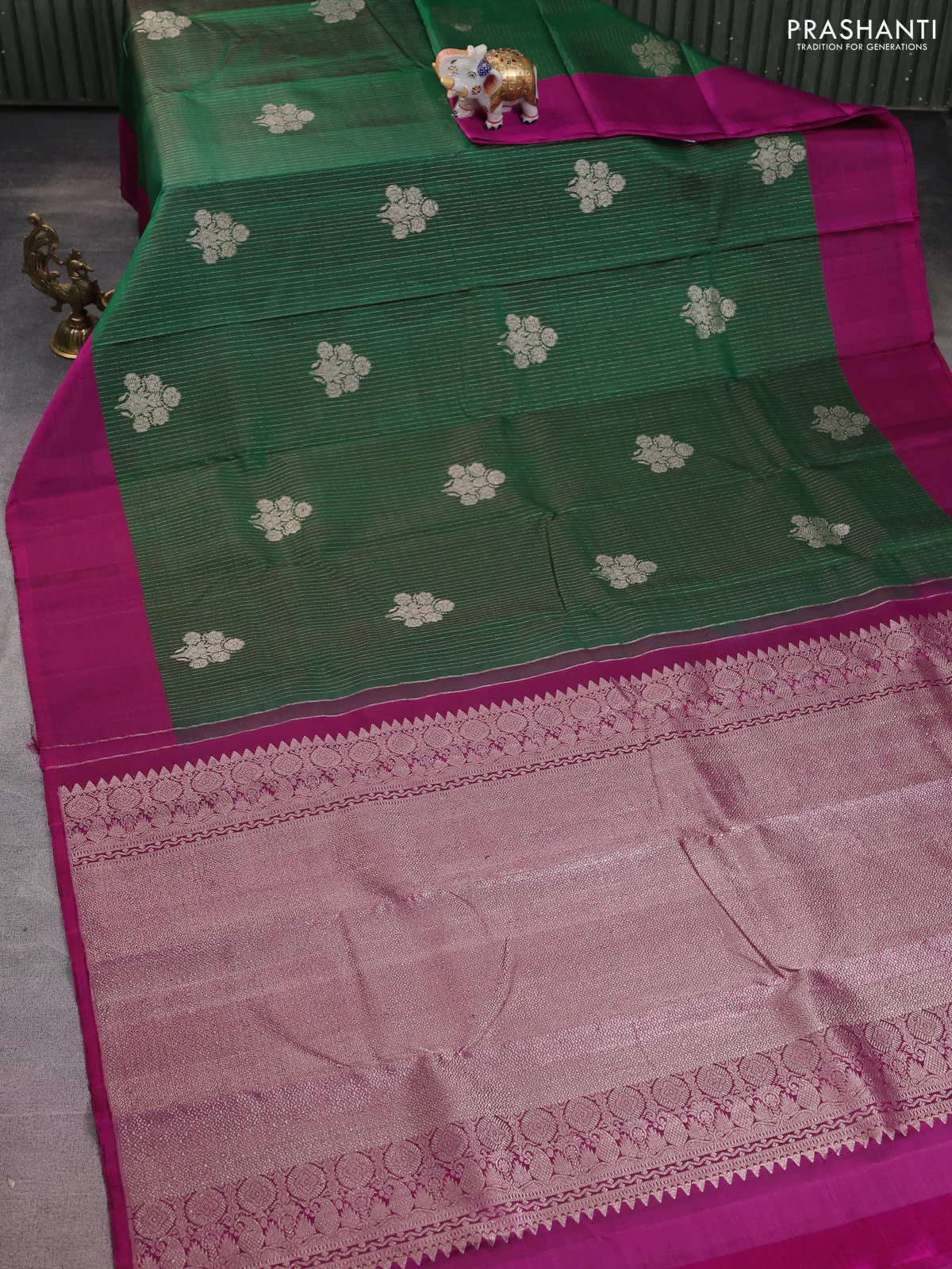 Pure kanchipuram silk saree green and purple with allover silver weaves & buttas and simple border - Image 2