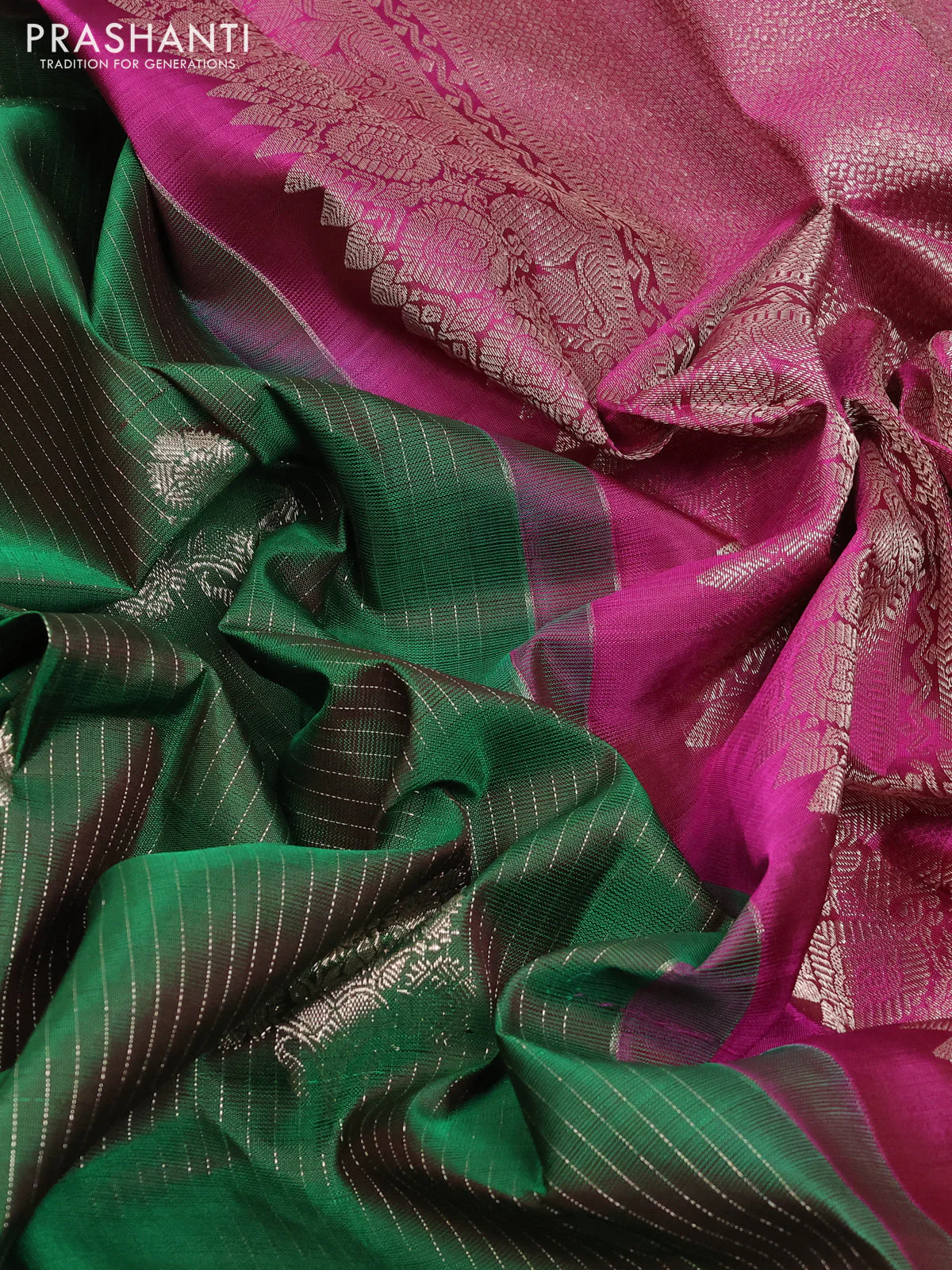 Pure kanchipuram silk saree green and purple with allover silver weaves & buttas and simple border - Image 3