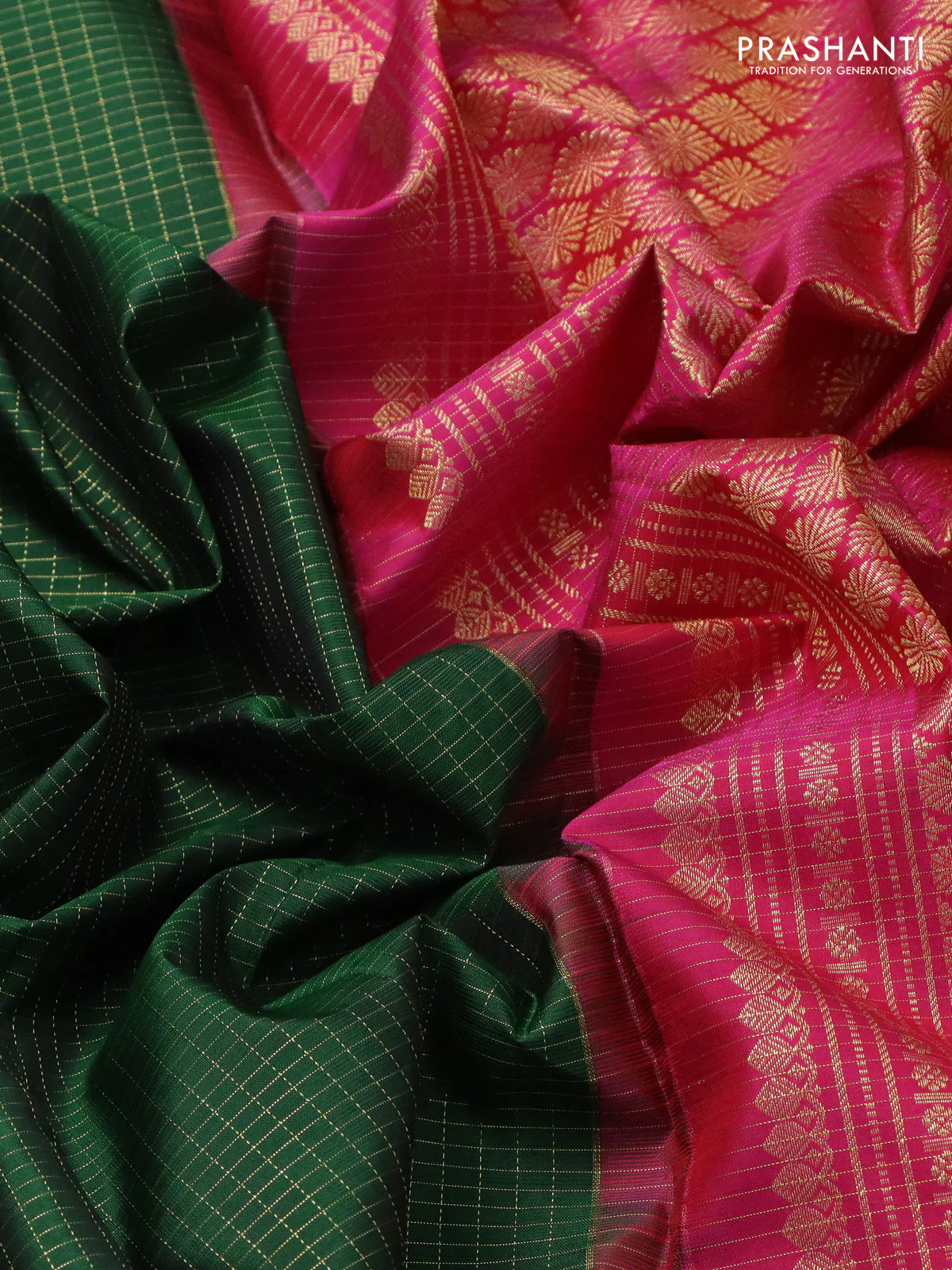 Pure kanchipuram silk saree green and purple with allover small zari checked pattern and zari woven butta border - Image 3
