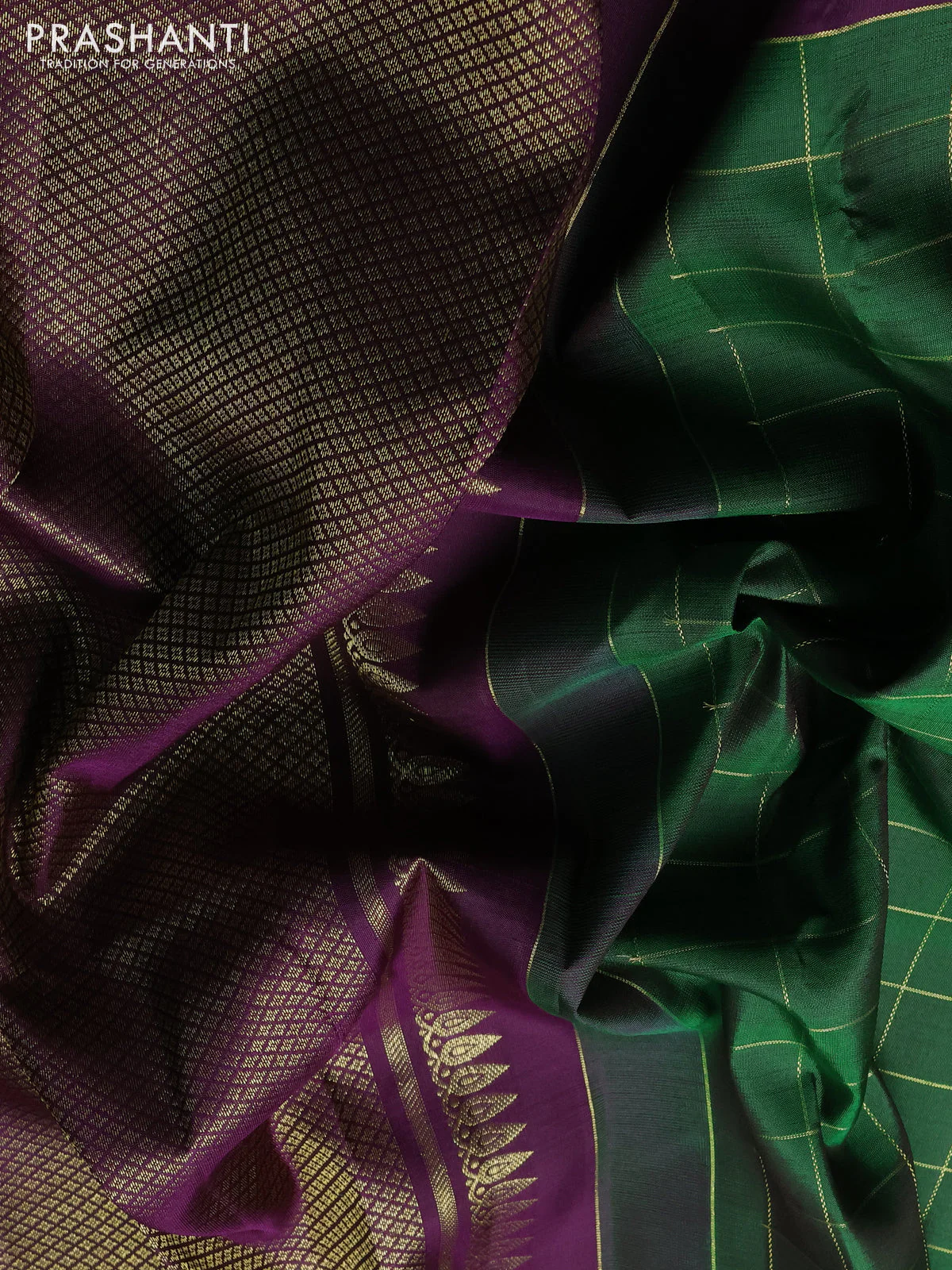 Pure kanchipuram silk saree green and purple with allover zari checked pattern and long zari woven butta border - Image 3