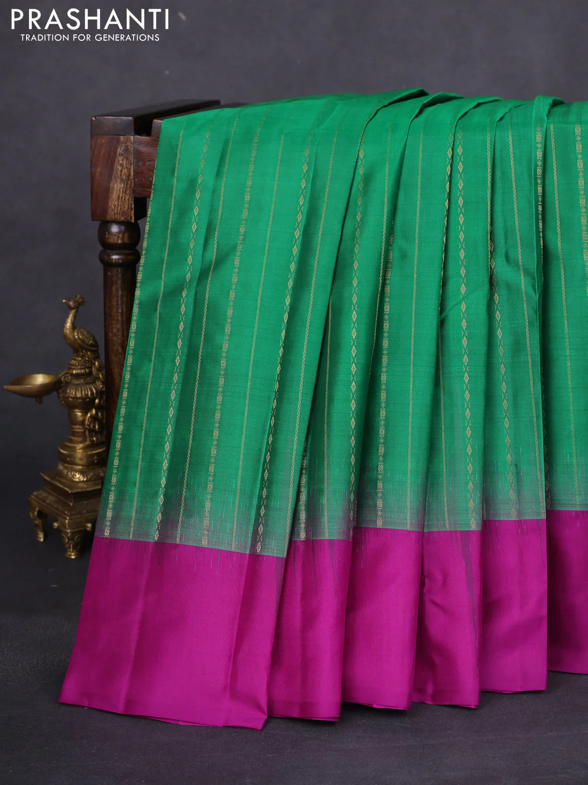 Pure kanchipuram silk saree green and purple with allover zari weaves and simple border