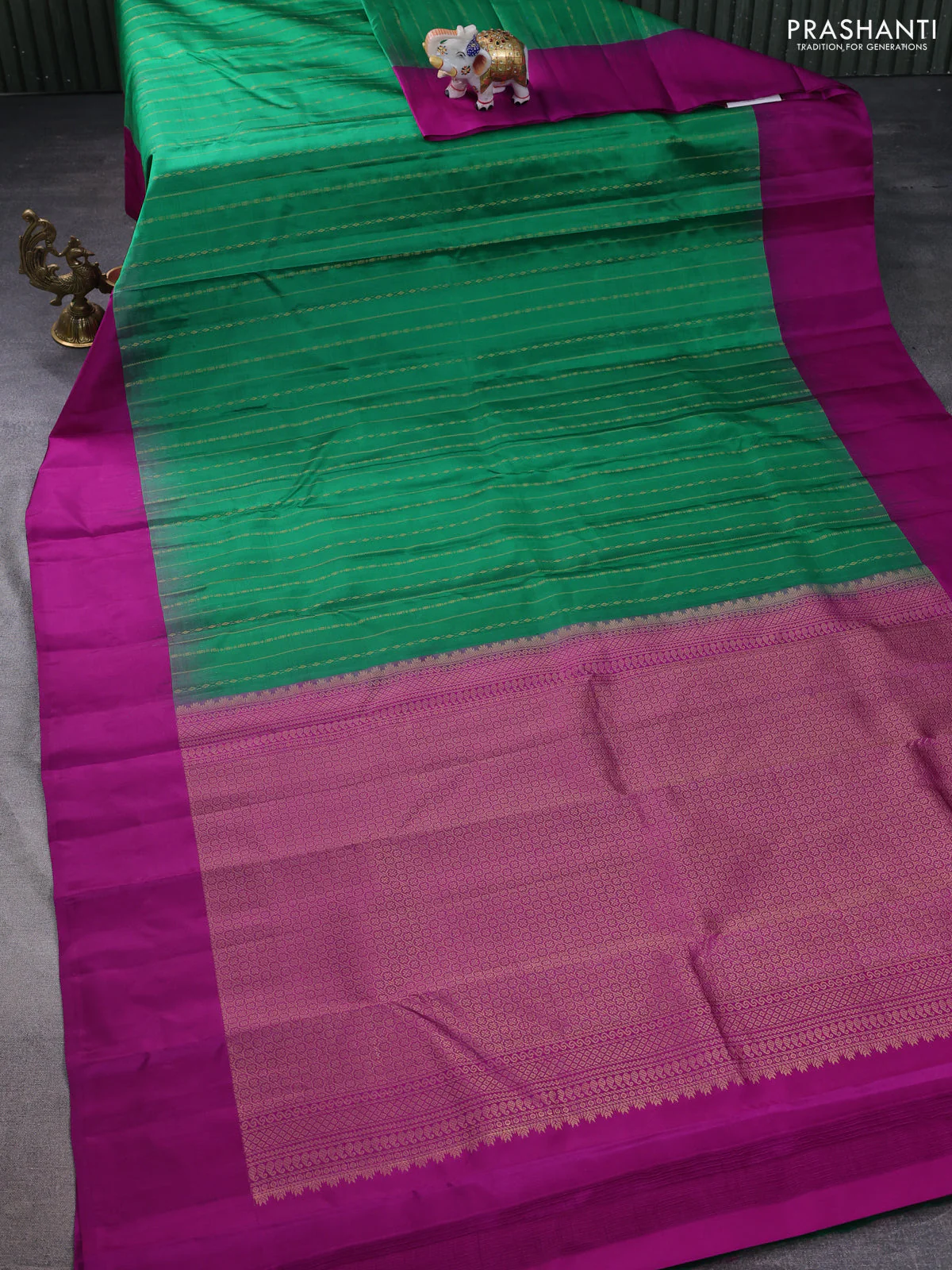 Pure kanchipuram silk saree green and purple with allover zari weaves and simple border - Image 2