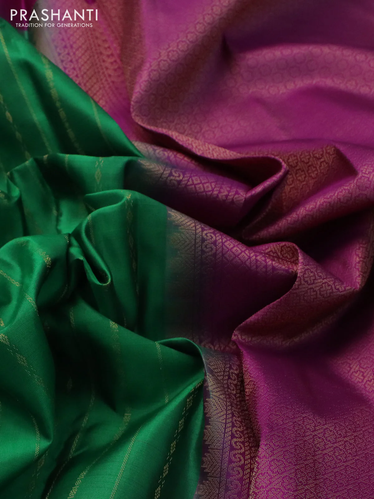 Pure kanchipuram silk saree green and purple with allover zari weaves and simple border - Image 3