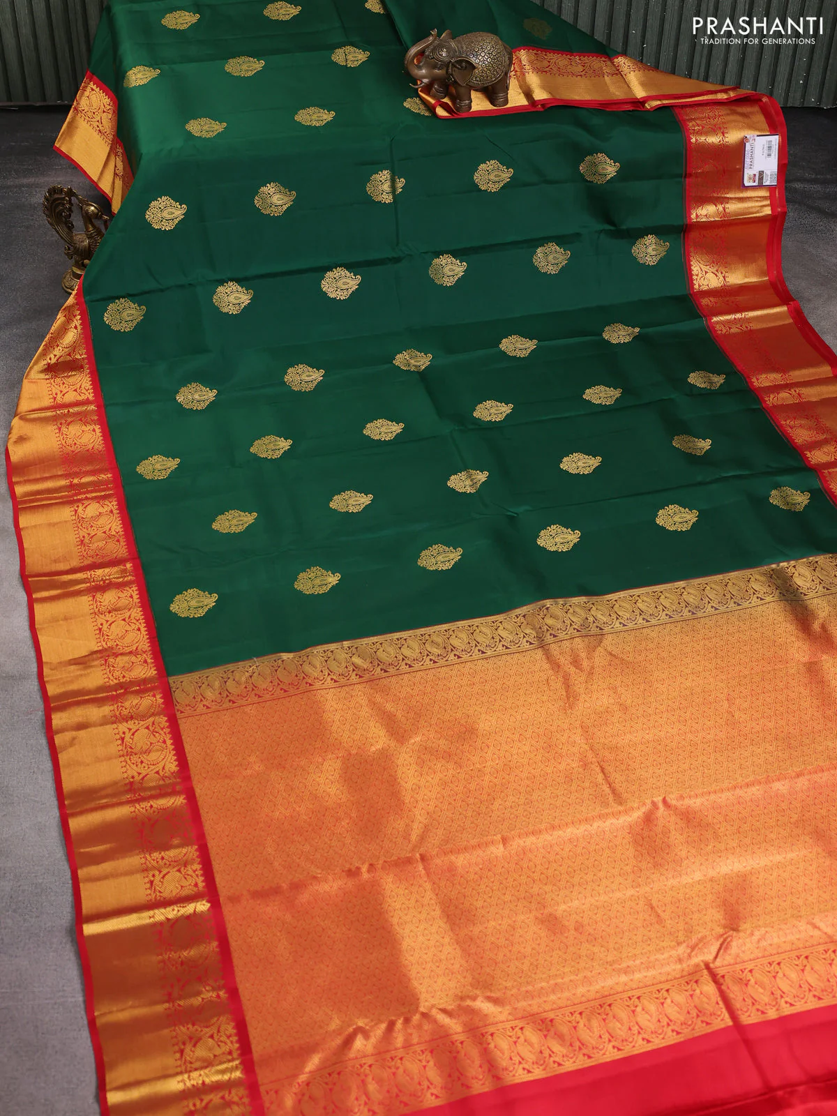 Pure kanchipuram silk saree green and red with zari woven buttas and annam zari woven korvai border - Image 2