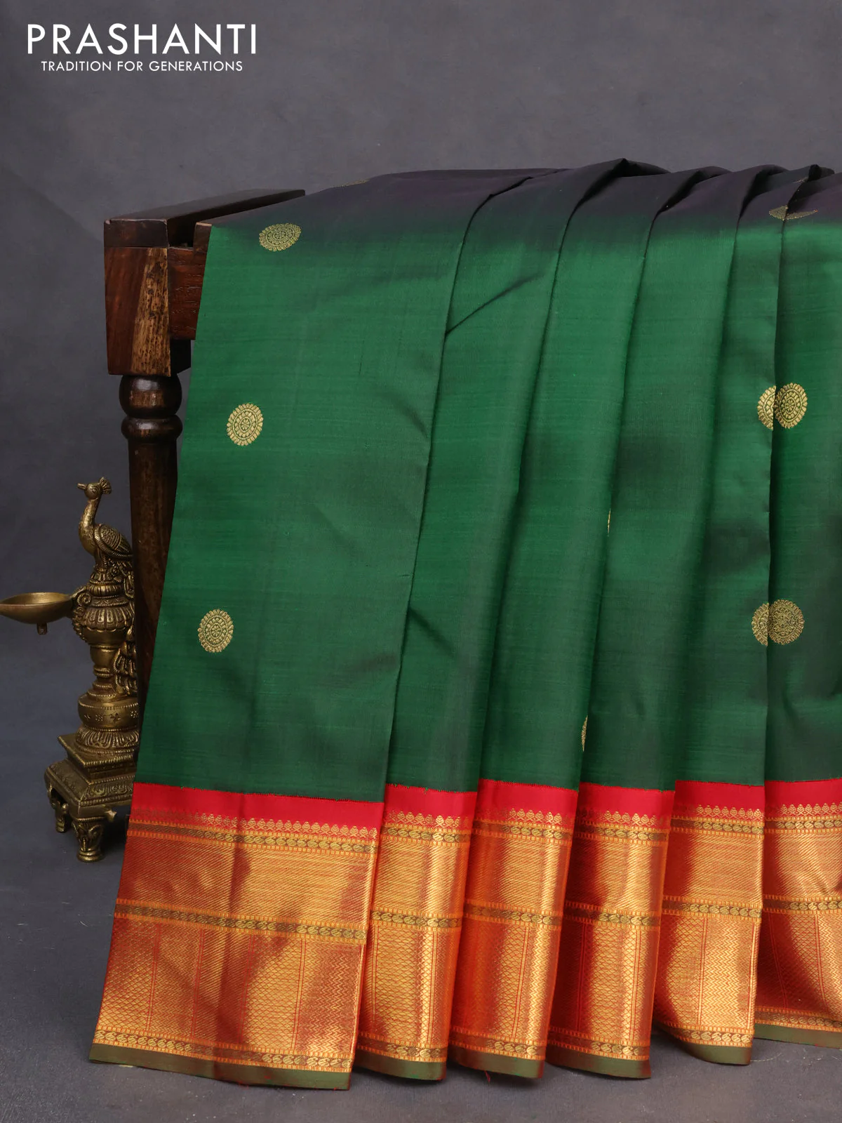 Pure kanchipuram silk saree green and red with zari woven buttas and zari woven border - Image 2