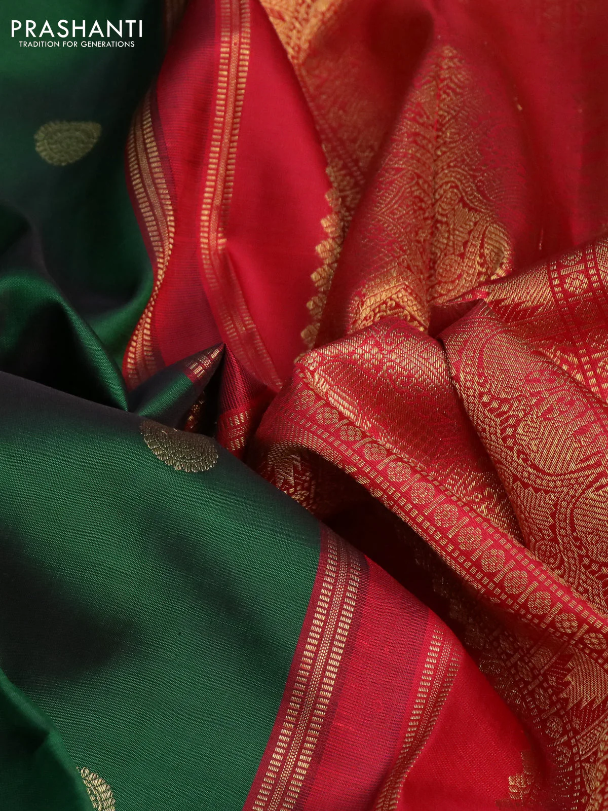 Pure kanchipuram silk saree green and red with zari woven buttas and zari woven border - Image 4