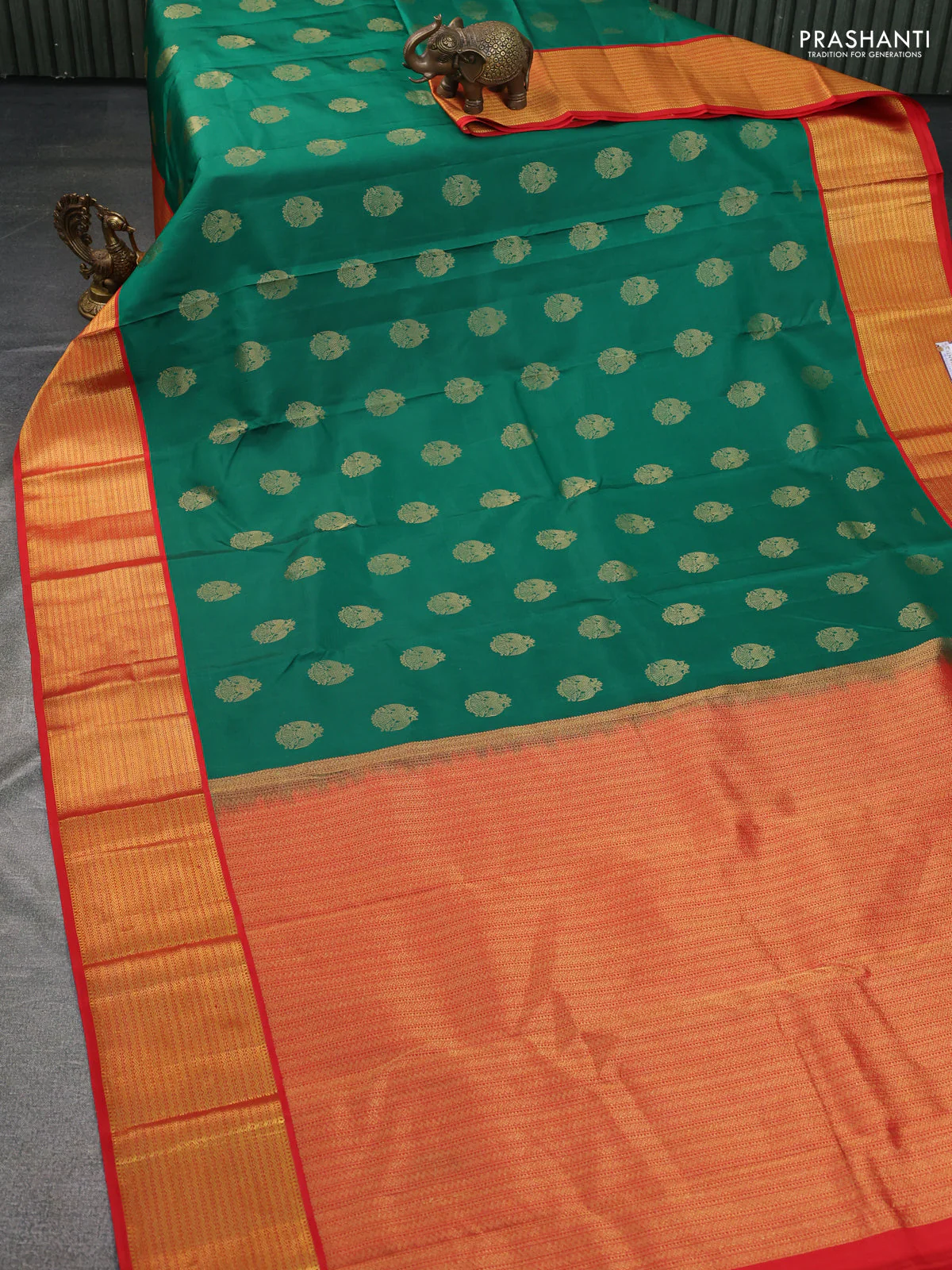 Pure kanchipuram silk saree green and red with zari woven peacock buttas and zari woven korvai border - Image 2