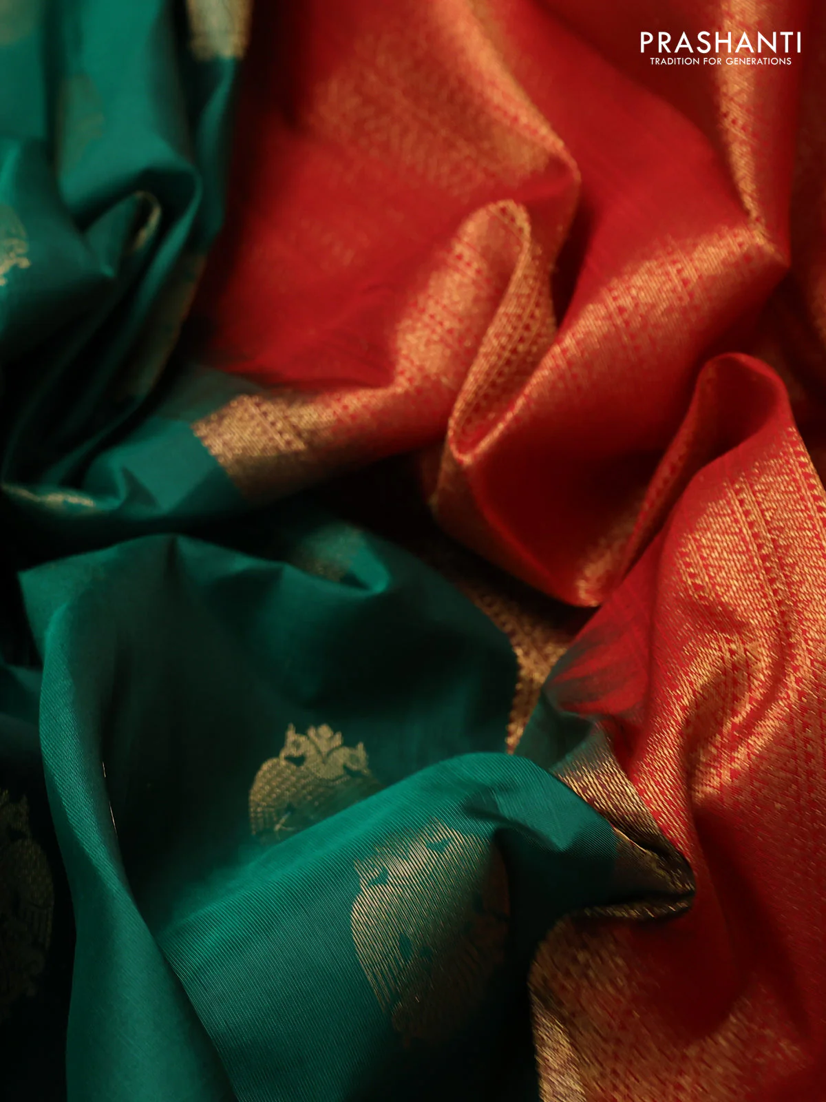 Pure kanchipuram silk saree green and red with zari woven peacock buttas and zari woven korvai border - Image 3