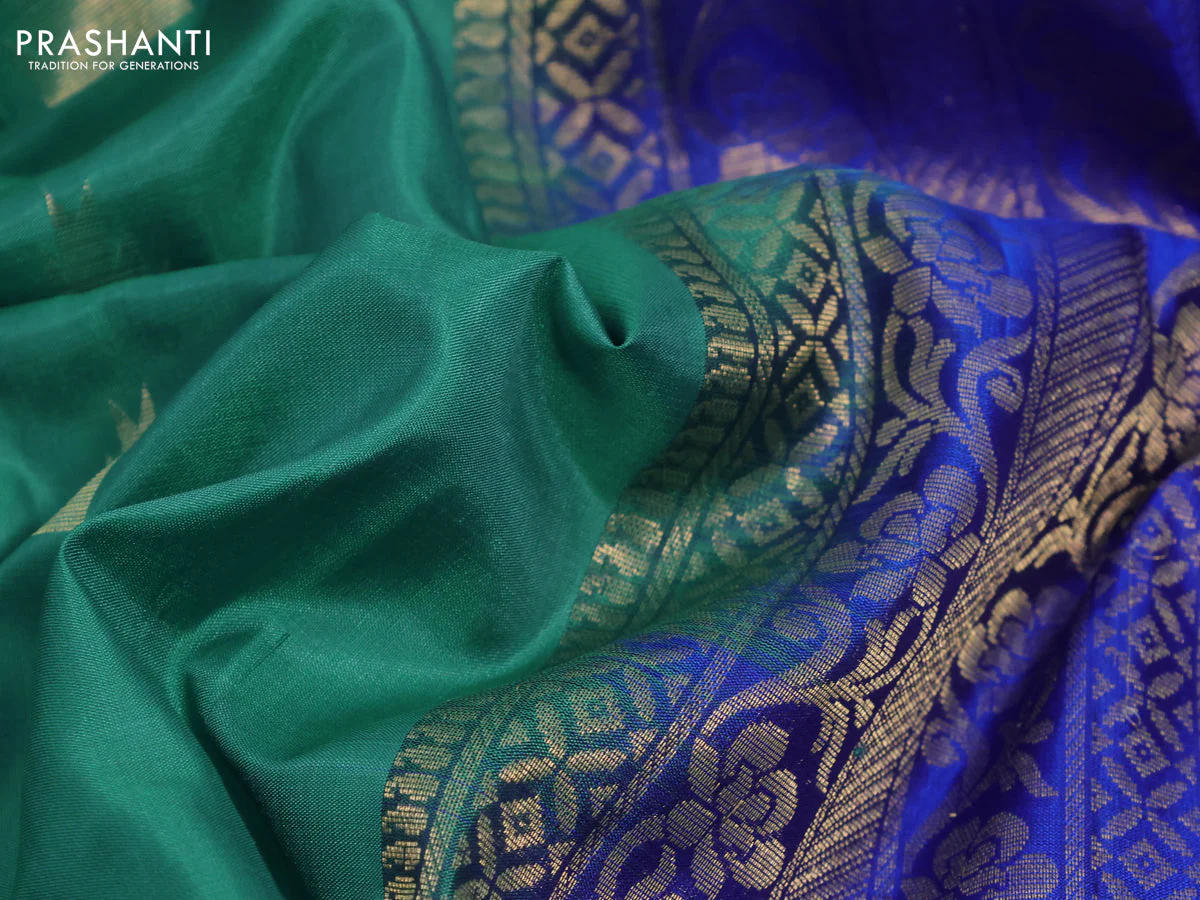 Pure kanchipuram silk saree green and royal blue with paisley & temple zari woven buttas in borderless style & aari work blouse - Image 3