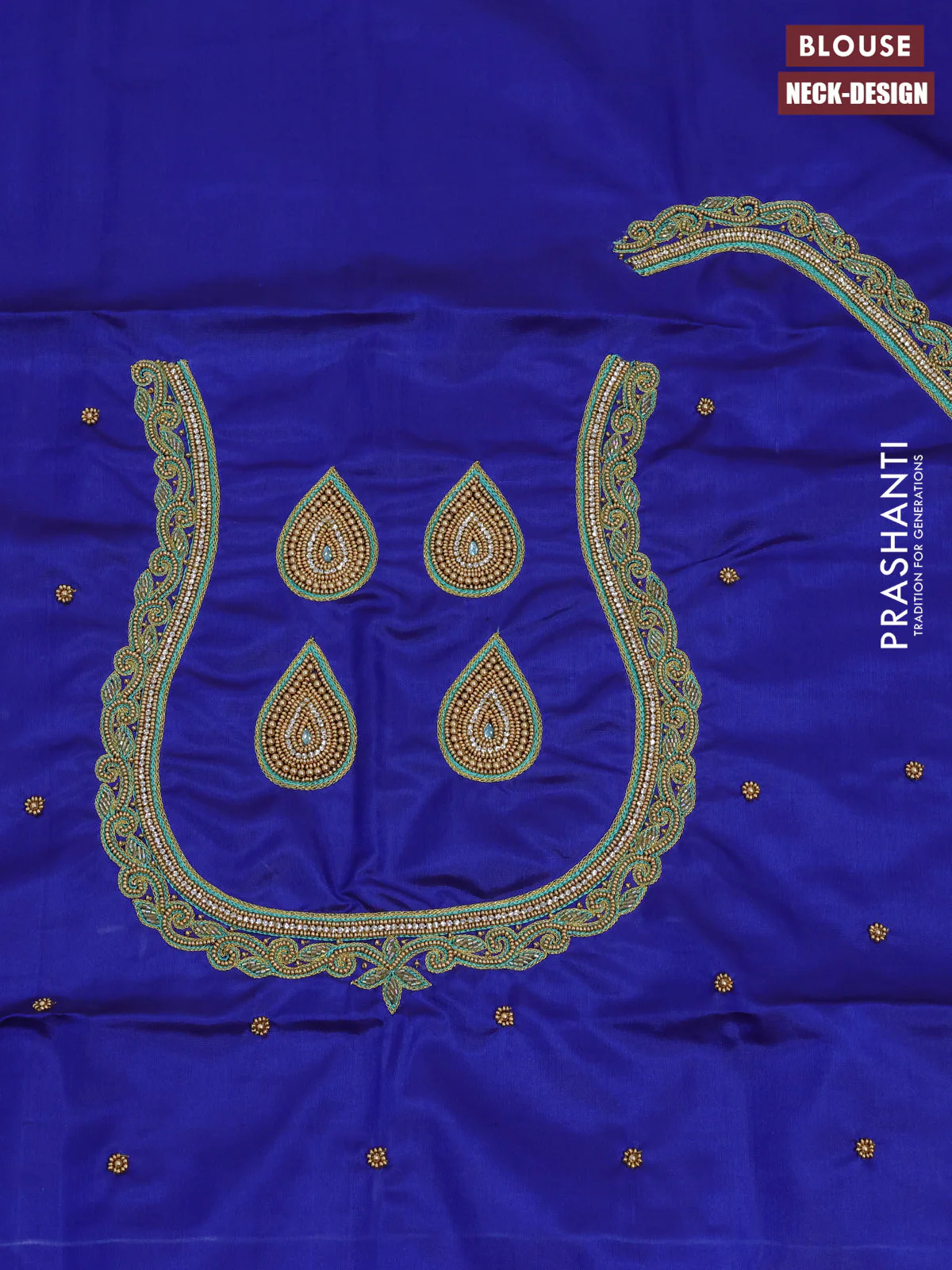 Pure kanchipuram silk saree green and royal blue with paisley & temple zari woven buttas in borderless style & aari work blouse - Image 4